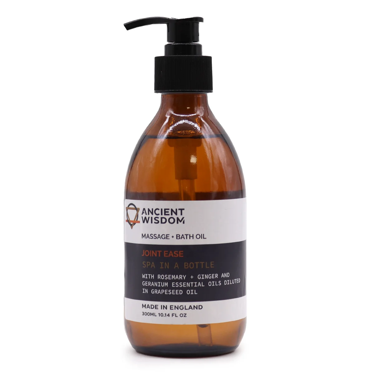 Bottle of Joint Ease aromatherapy massage and bath oil 300ml with label and natural background elements