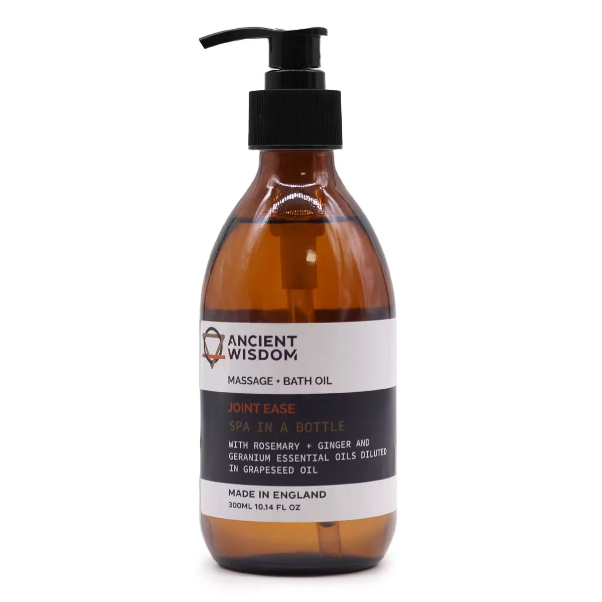 Bottle of joint ease oil 300ml with clear liquid and label indicating aromatherapy massage and bath oil for joint ease