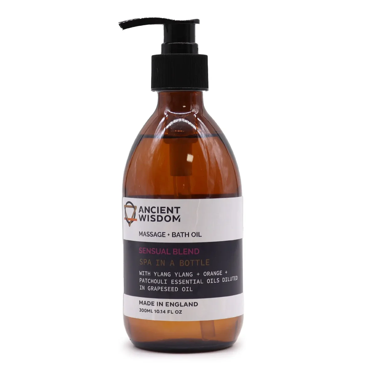 Bottle of Sensual bath oil for aromatherapy massage and bath, 300ml, with a simple label on a white background