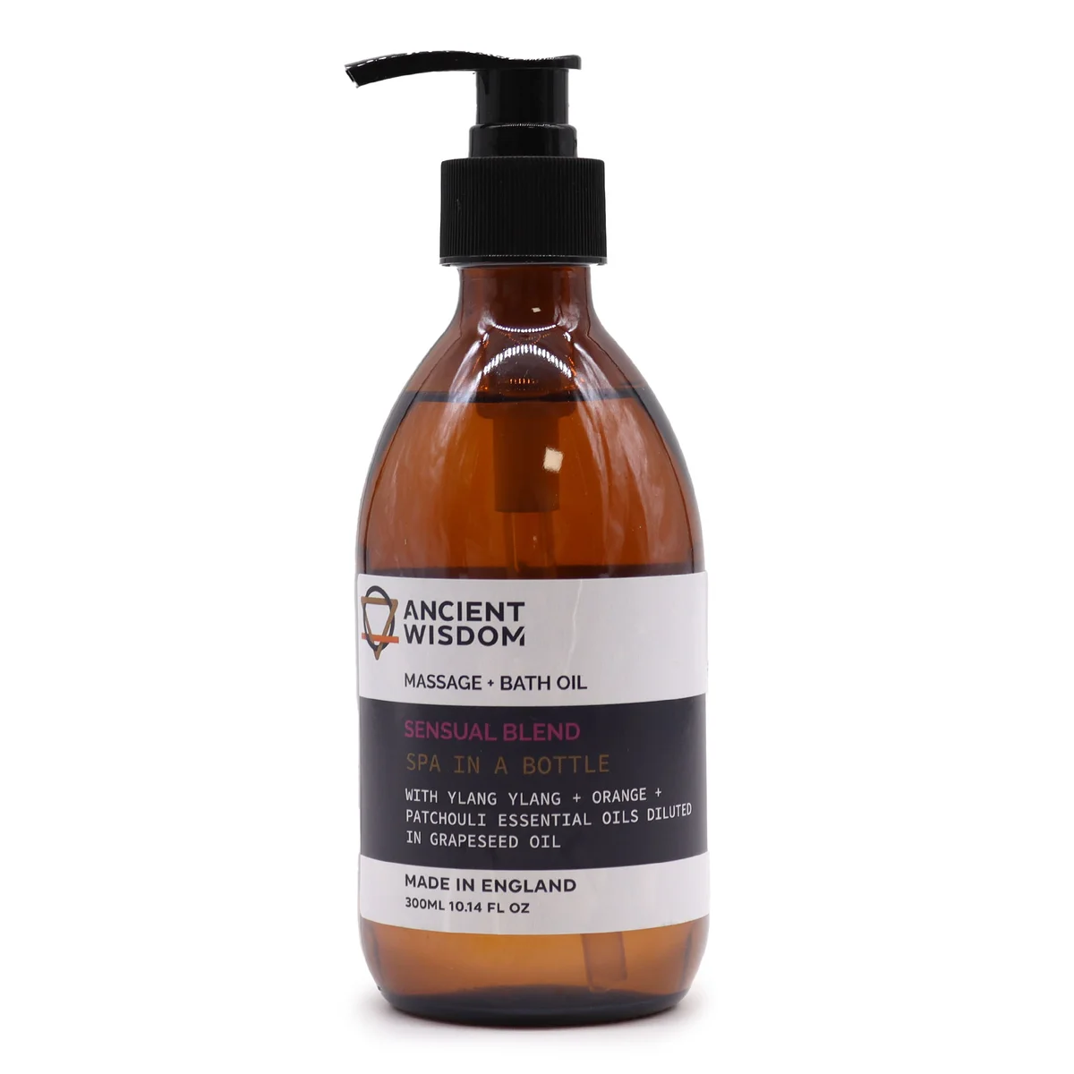 Bottle of Sensual 300ml aromatherapy massage and bath oil with soft lighting on a white background