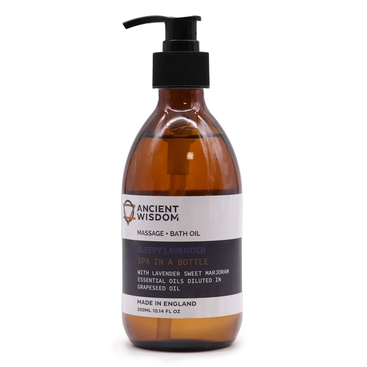 Bottle of Aromatherapy Massage and Bath Oil labelled Sleepy Lavender 300ml with lavender flowers nearby
