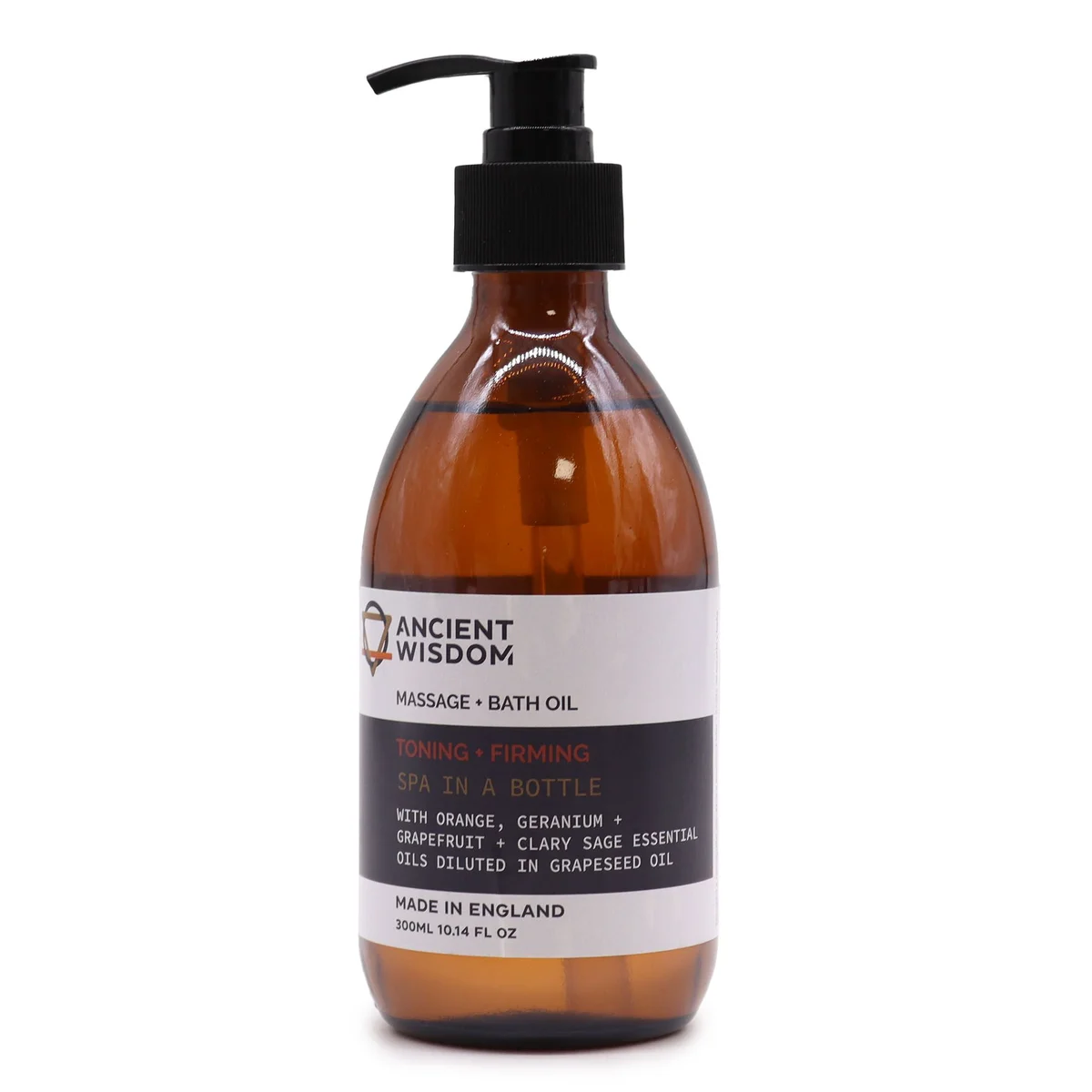 Bottle of 300ml aromatherapy massage oil for toning and firming, with natural ingredients label visible