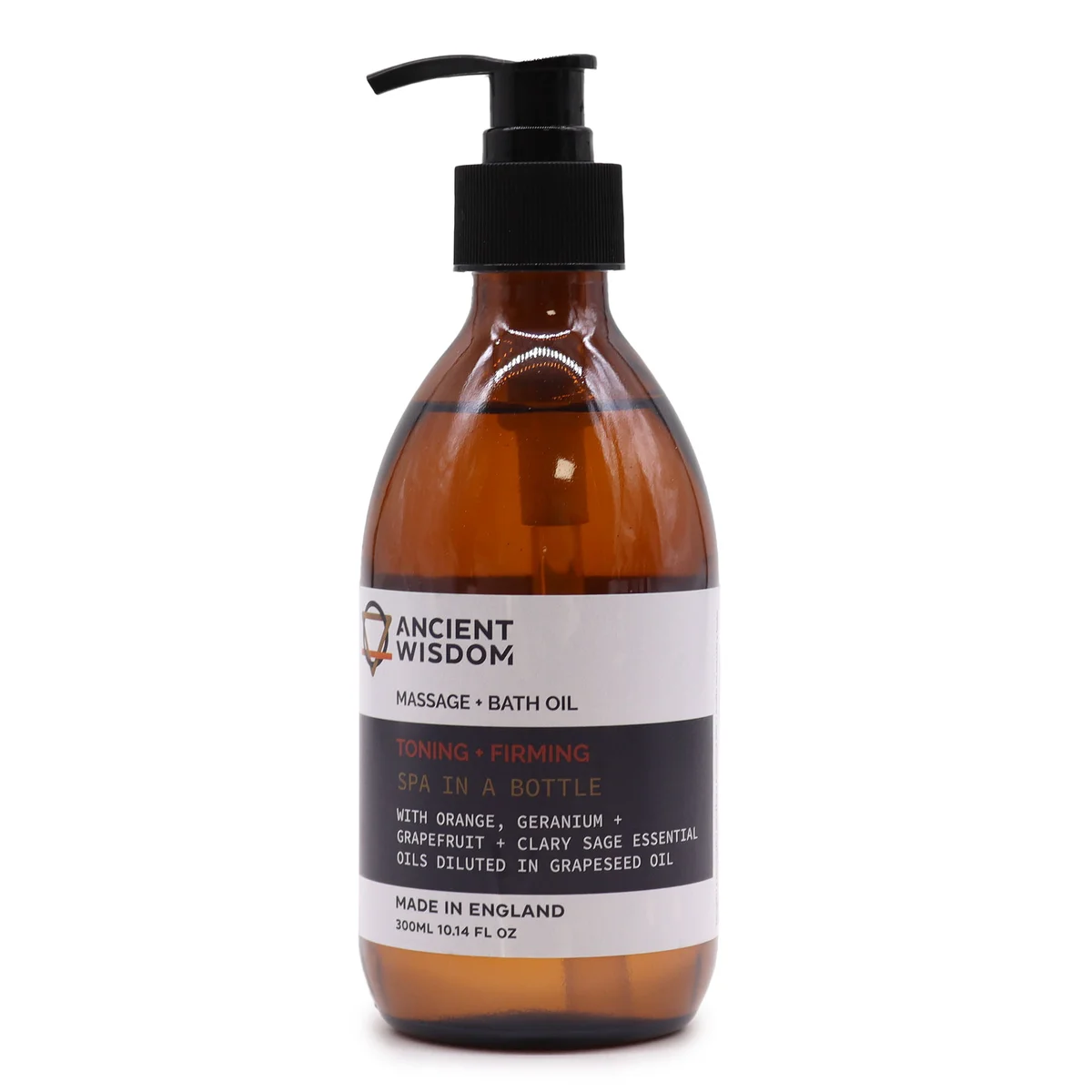Bottle of 300ml firming massage oil for aromatherapy massage and bath, labelled Toning & Firming