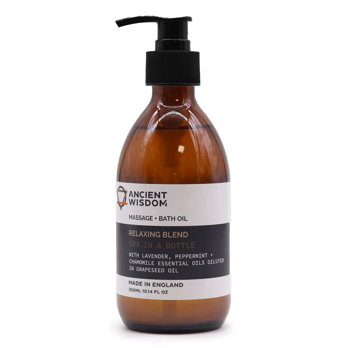 Bottle of 300ml aromatherapy massage oil labeled Relaxing, designed for massage and bath use