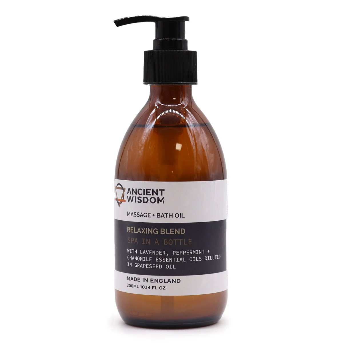 Bottle of relaxing aromatherapy bath and massage oil 300ml with natural ingredients on a white background