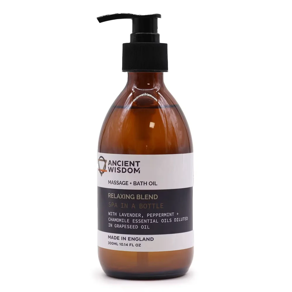 Bottle of 300ml bath oil labeled Aromatherapy Massage and Bath Oil Relaxing with natural background elements