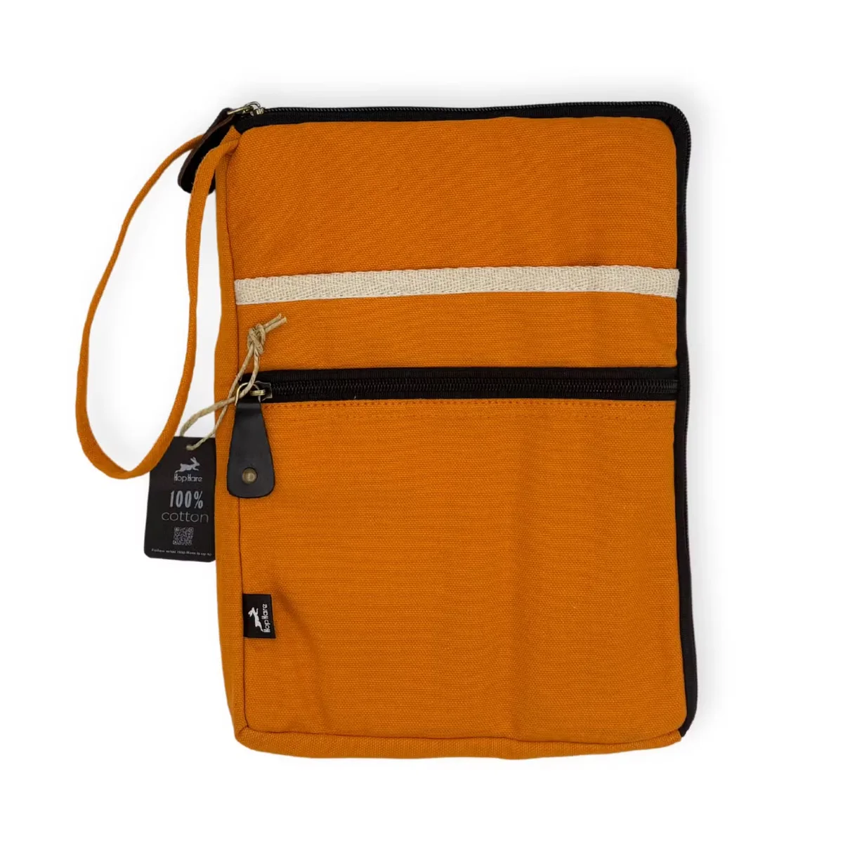 Orange canvas travel pouch designed for carrying a laptop, shown flat with zipper partially open