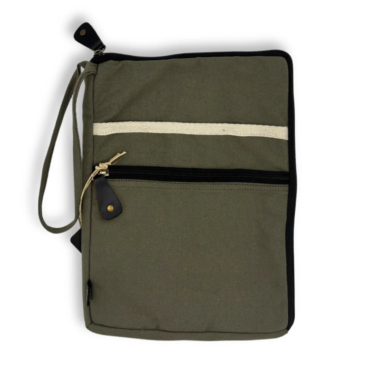 Olive canvas travel laptop pouch laid flat on a white background