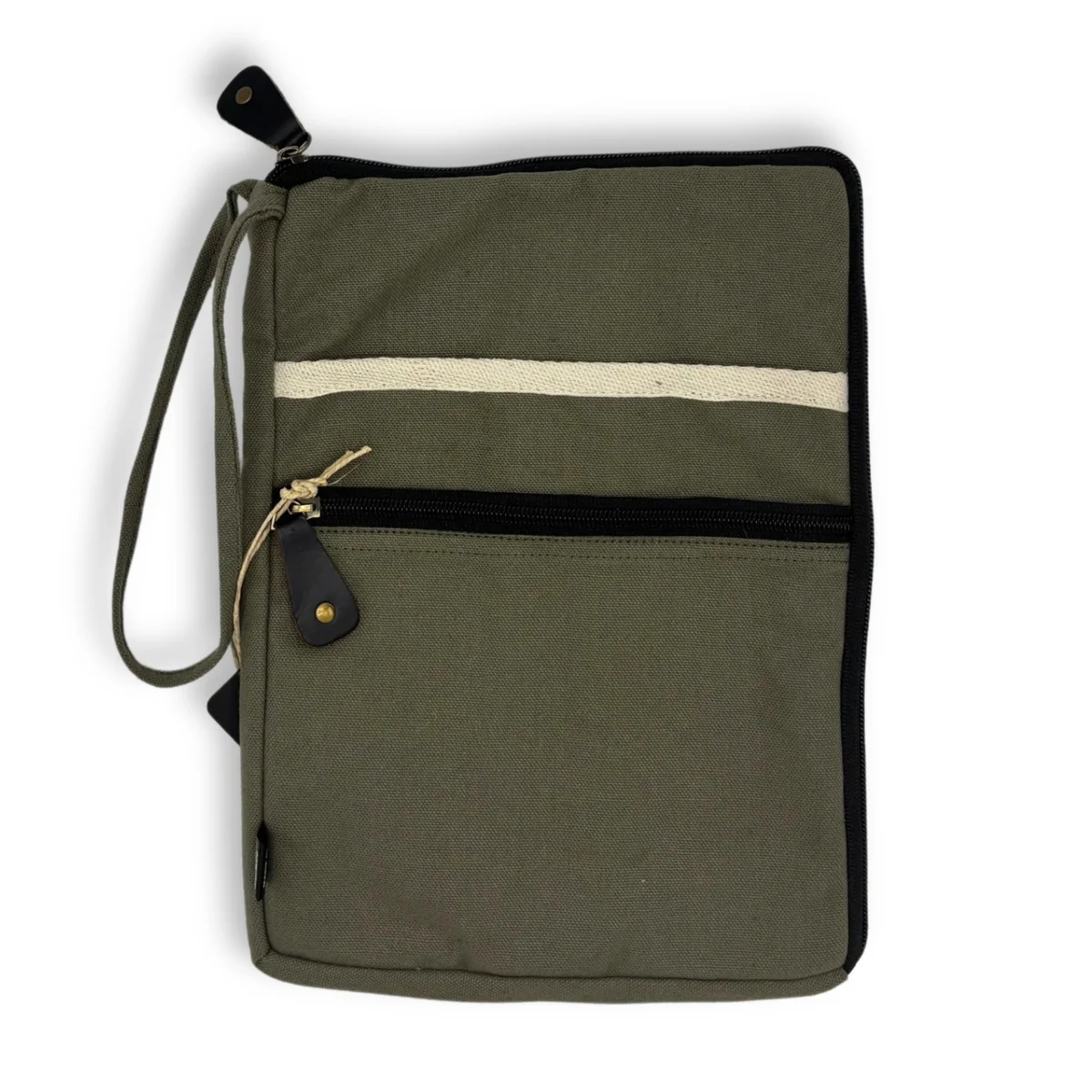 Olive canvas travel laptop pouch with zipper front, fabric detail, displayed on neutral background