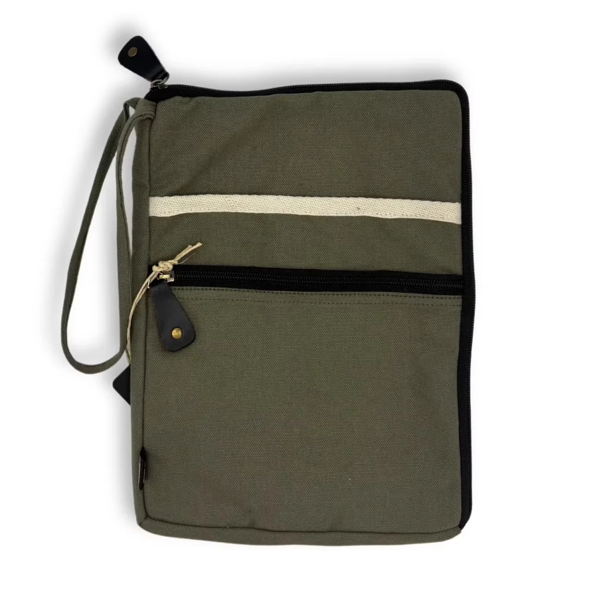 Olive canvas laptop sleeve with zipper flap, showcasing soft fabric texture and durable stitching, ready for travel.