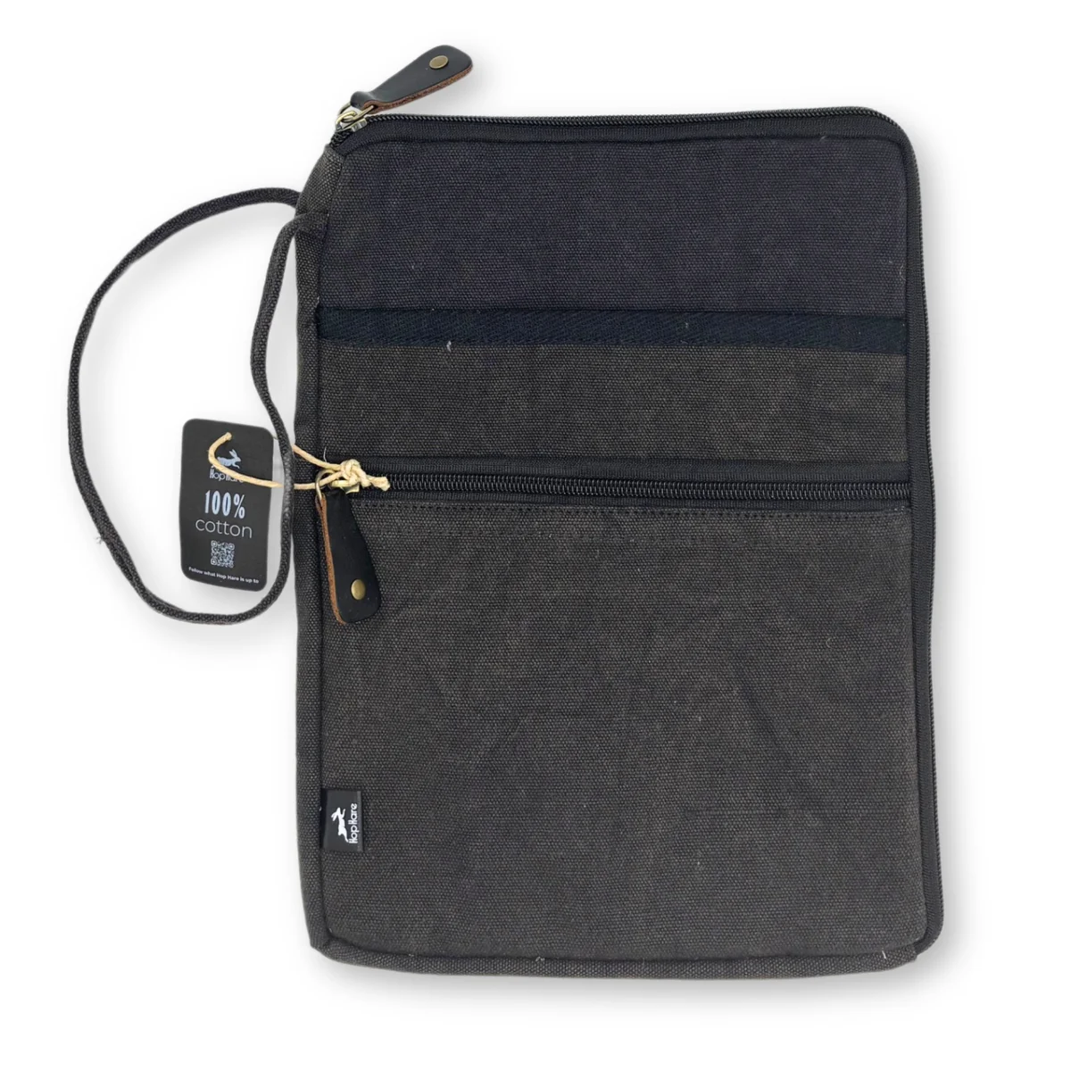 Stonewash charcoal laptop pouch displayed open, showing its soft material and roomy interior.