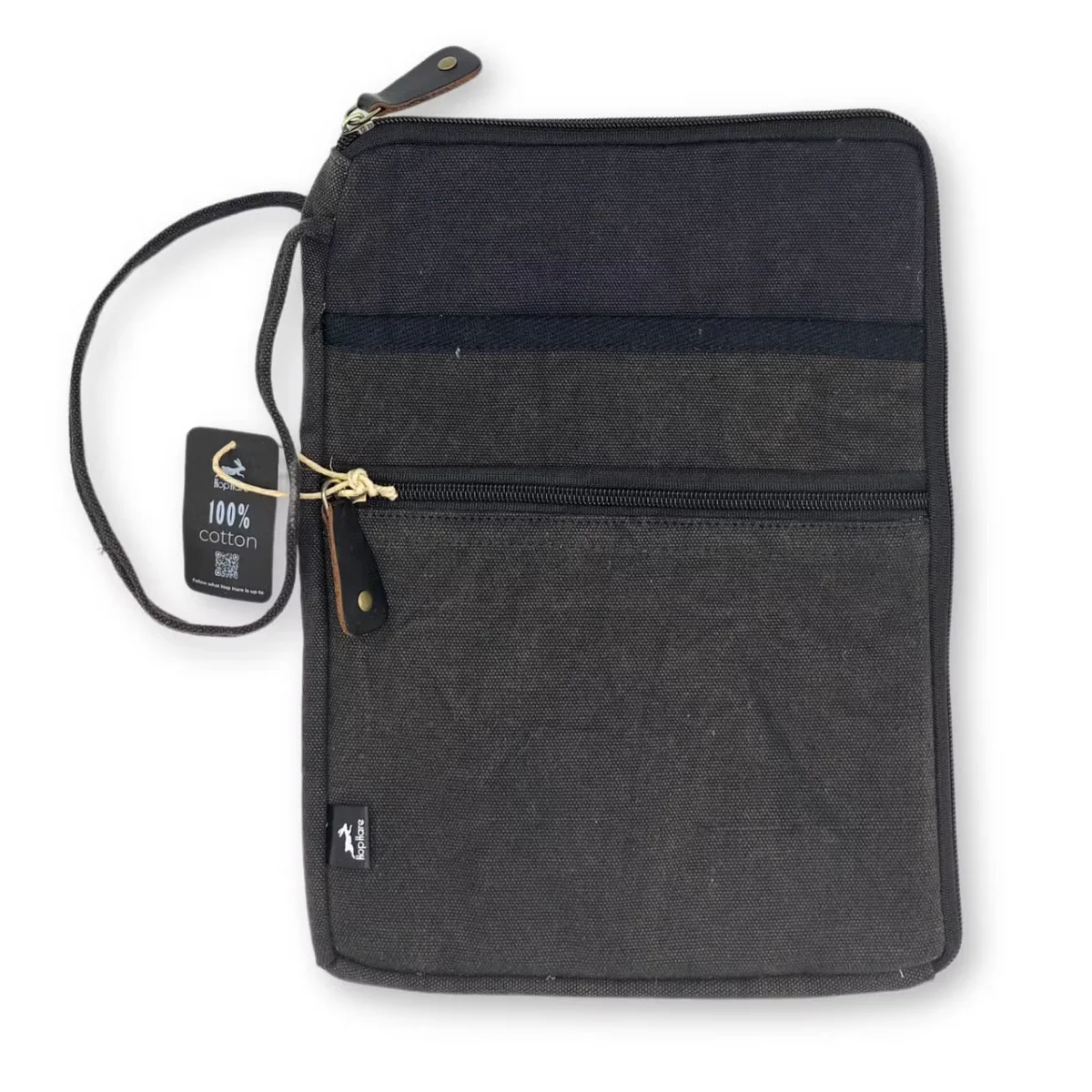Charcoal stonewash laptop pouch bag with zipper strap.