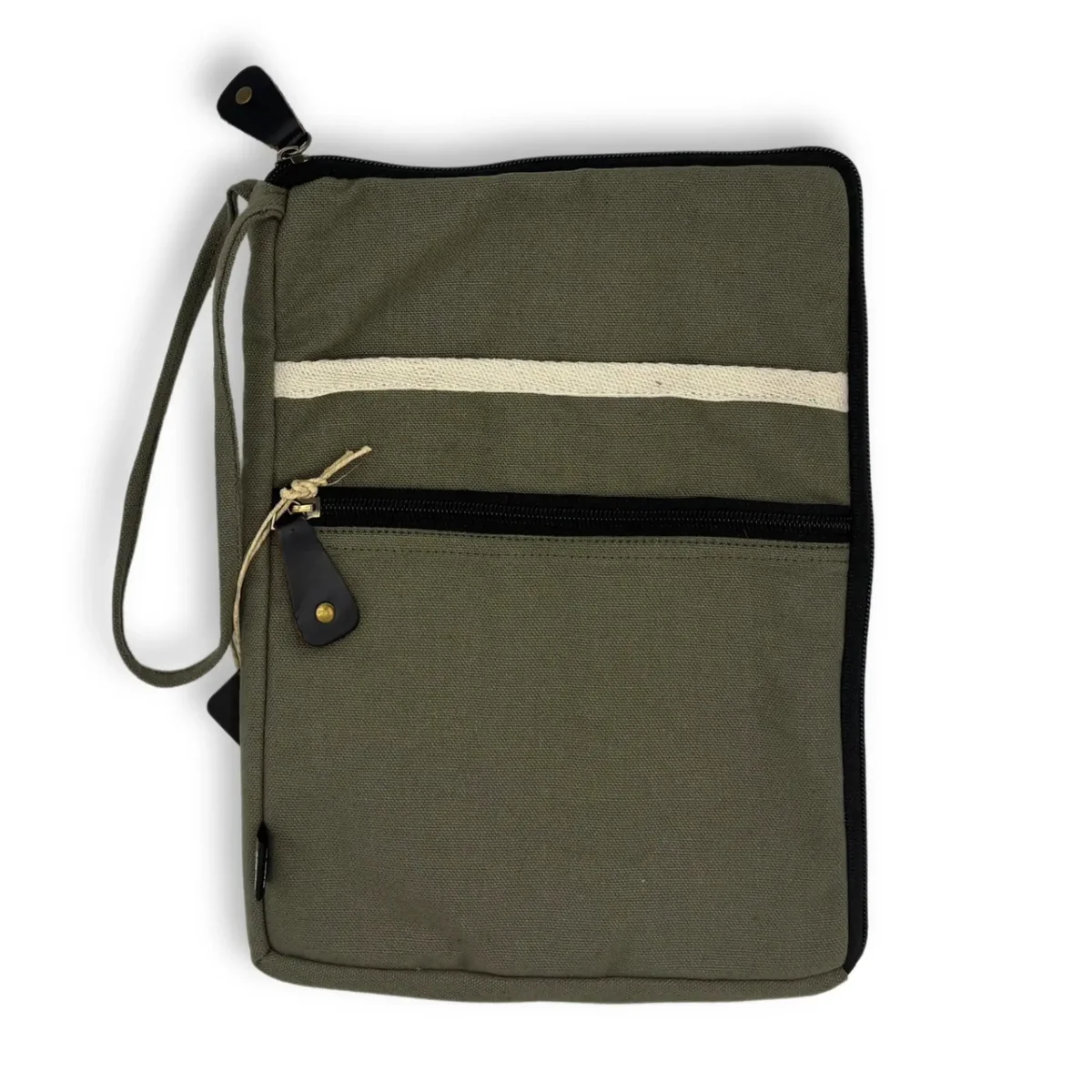 Olive canvas laptop pouch in close‑up, showing textured canvas, subtle zippers, and handles.