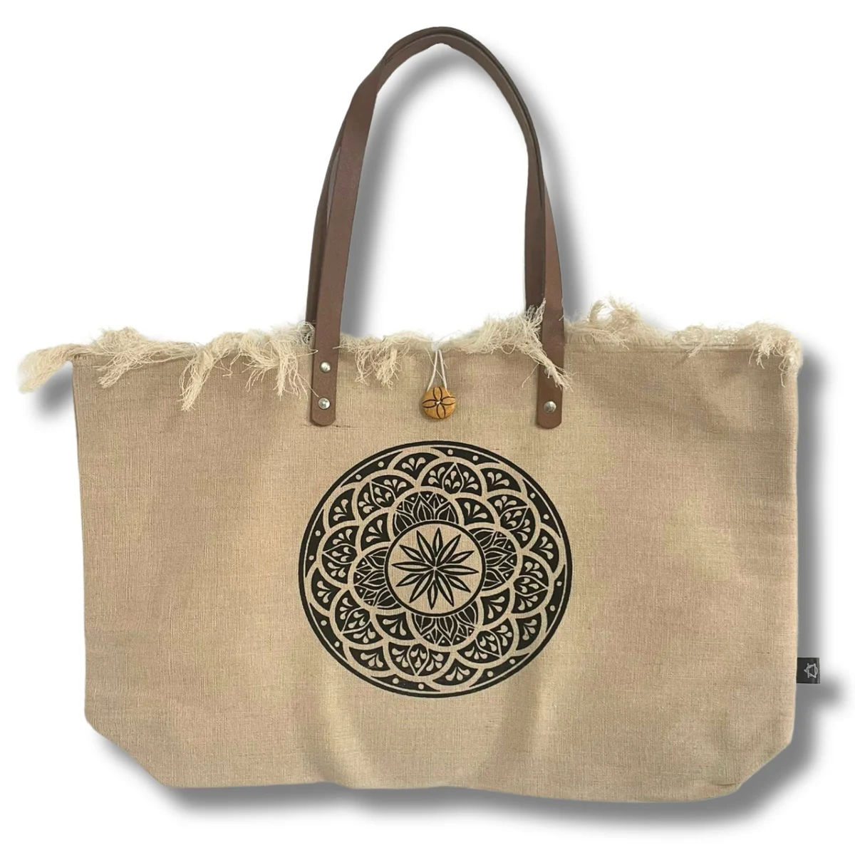 Natural tote bag with leather handle, Mandela label, neutral tone.