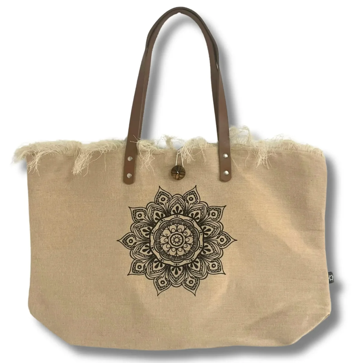 Natural tote bag with Flower of Life design and brown leather handle tote for carrying essentials