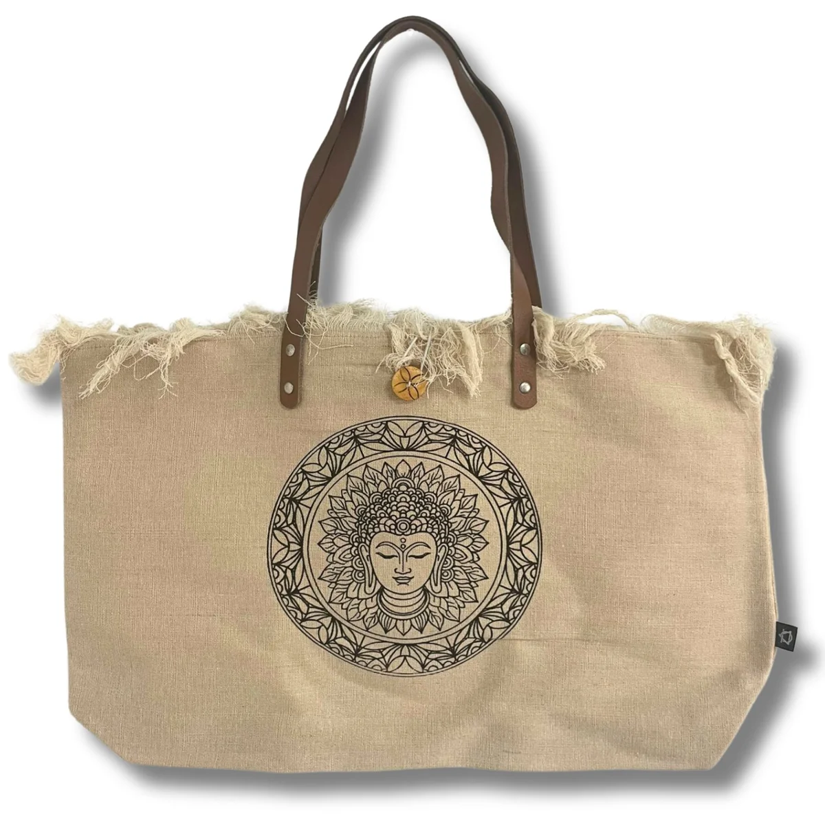 Natural tote bag with leather handles on a plain background, showcasing its simple and stylish design
