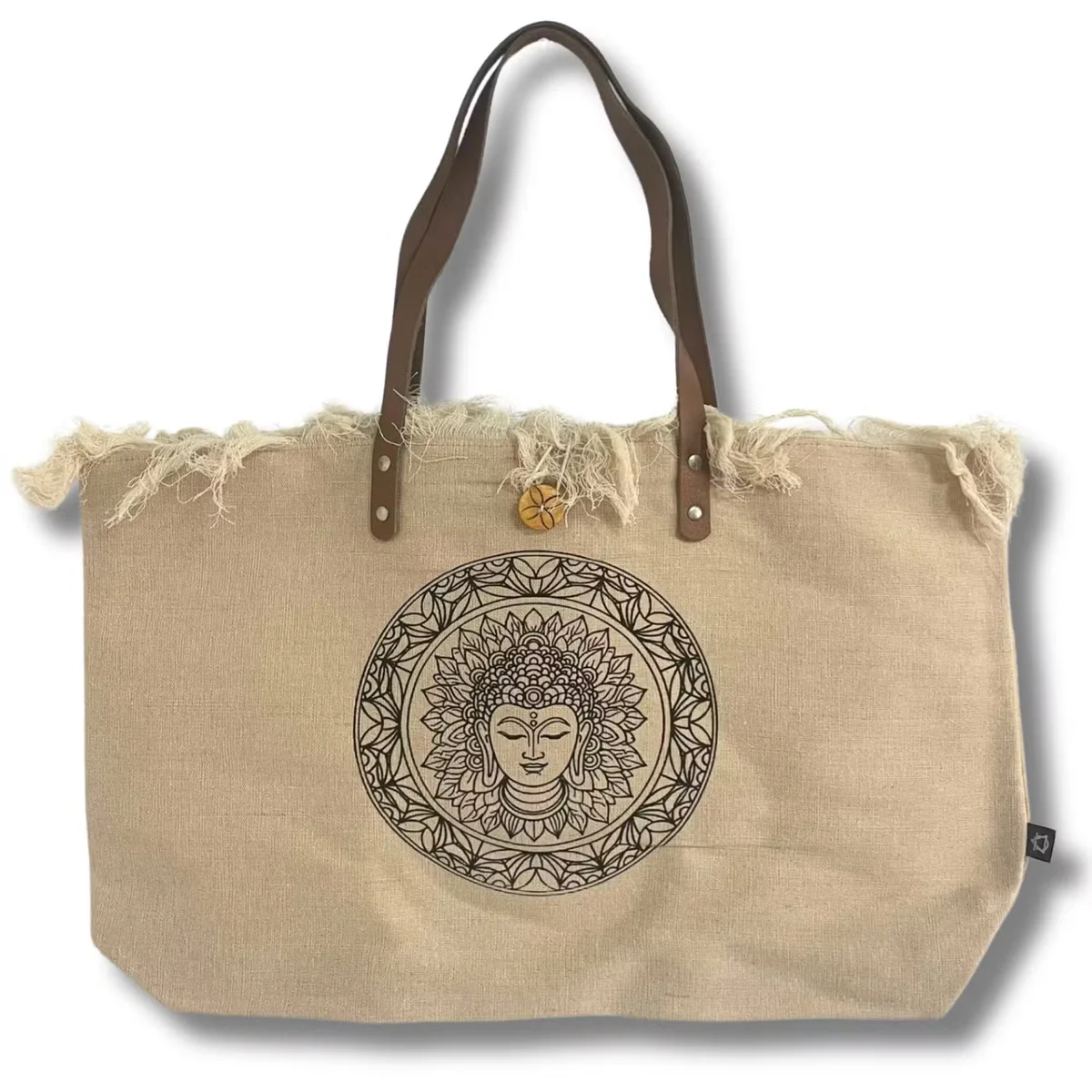 Natural tote bag UK with leather handles displayed on a white background, showcasing its texture and design details