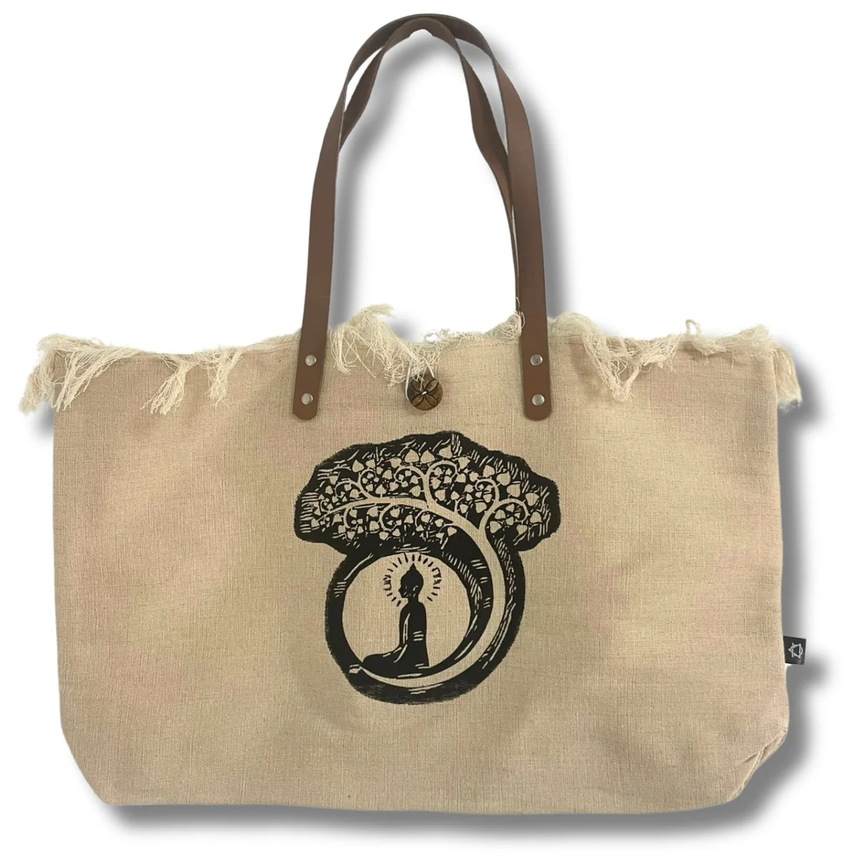 Natural tote bag with leather handles featuring a Buddha design on the front against a white background