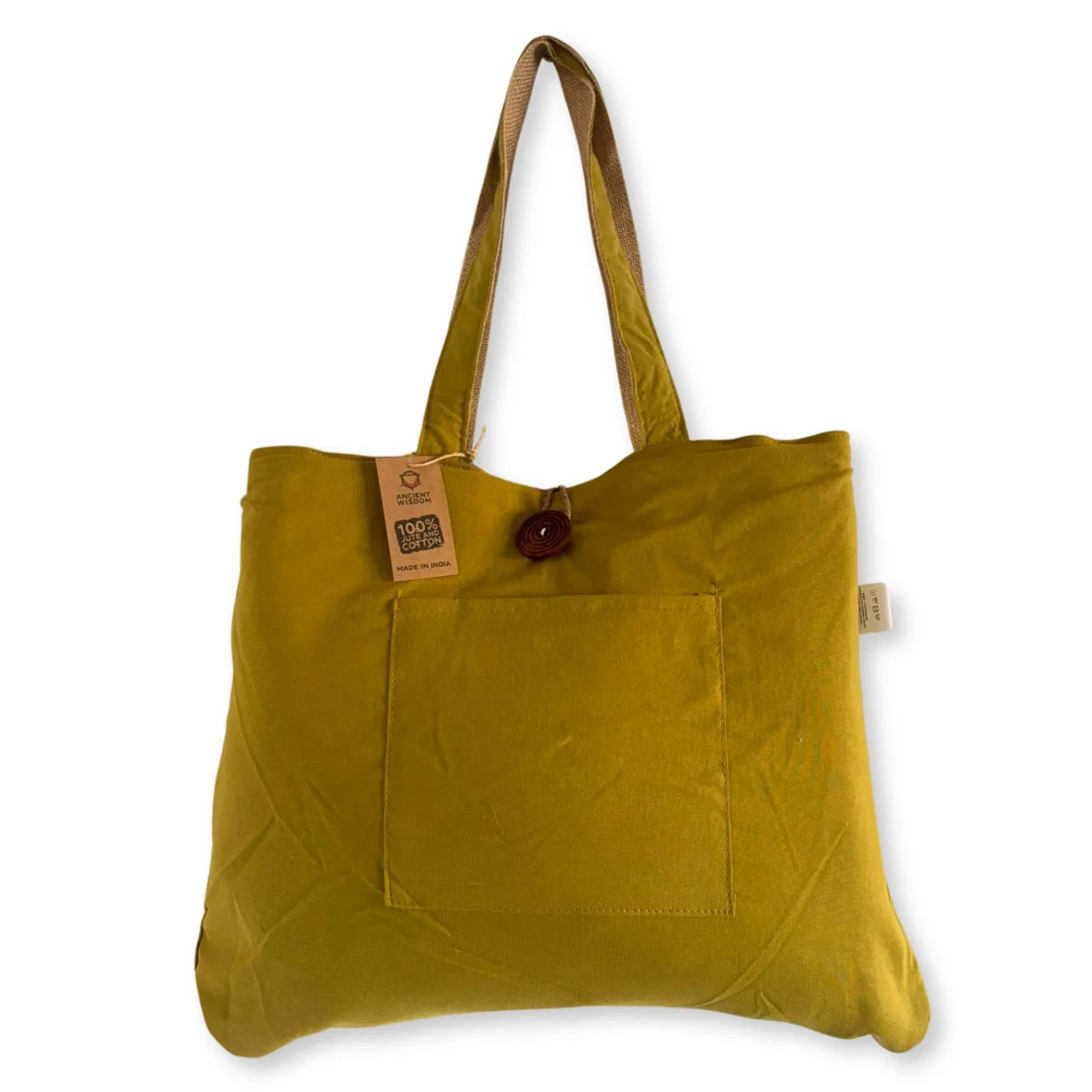 Reversible big bag made of jute and cotton in pistachio color, showing both sides of the bag