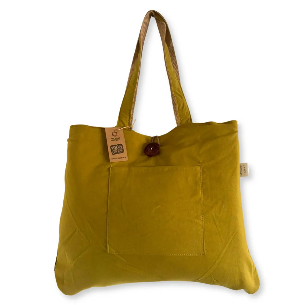 Reversible jute cotton bag in pistachio color, large size with sturdy handles for carrying groceries or beach items