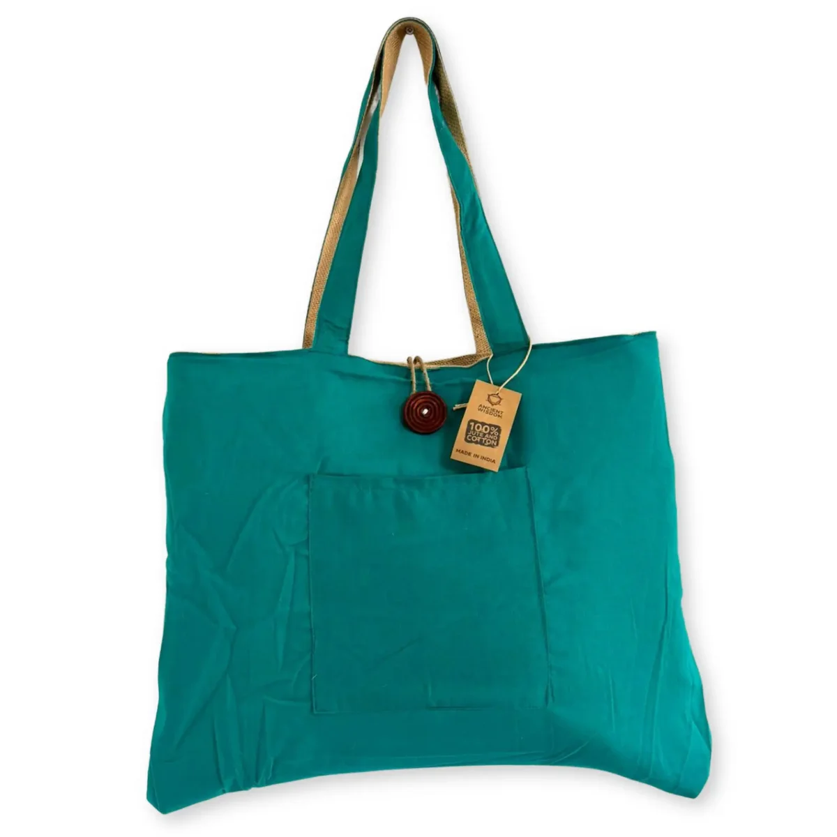 Teal reversible jute cotton bag made from jute and cotton materials, large size for versatile use