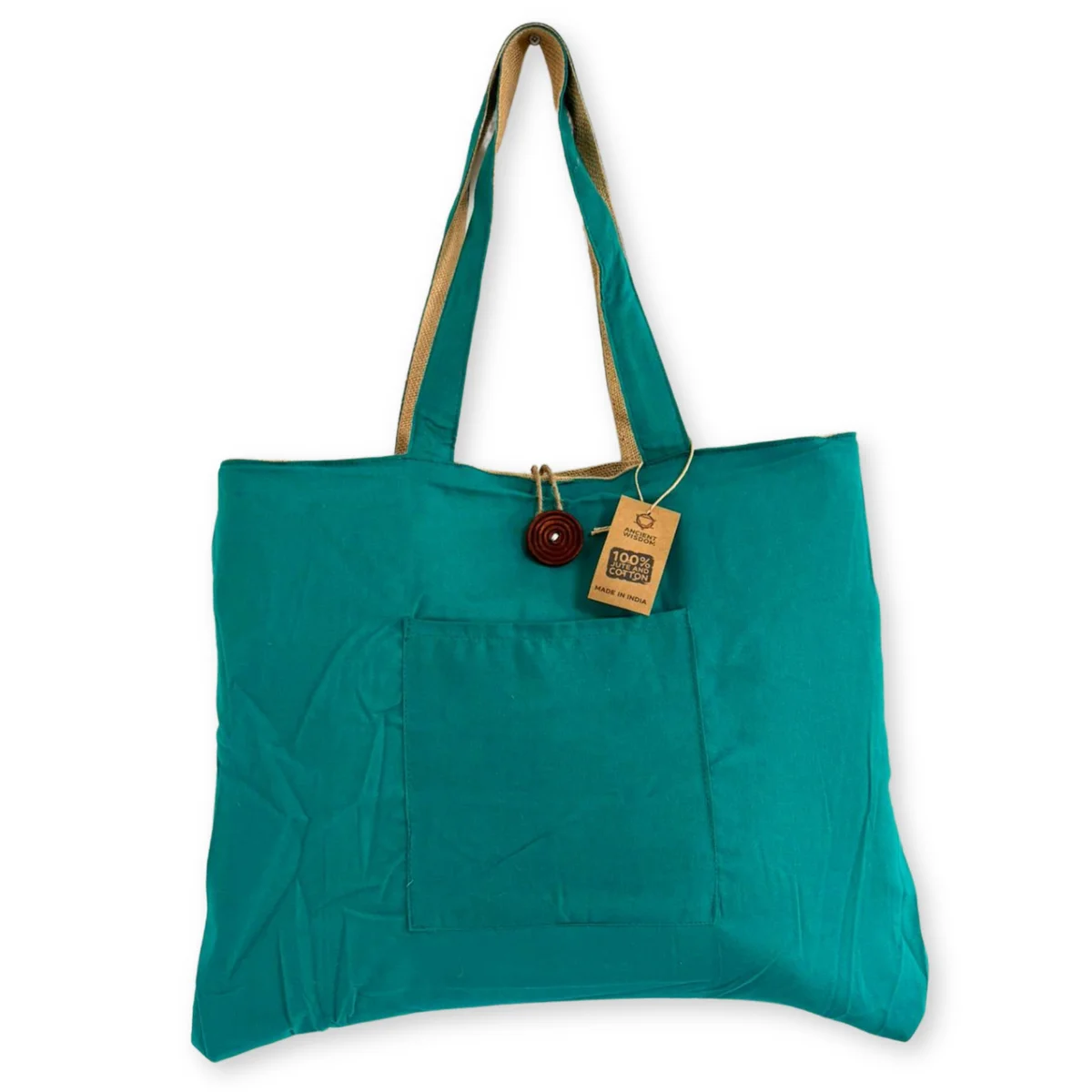 Teal reversible tote made from jute and cotton, shown flat to display both sides of the big bag design