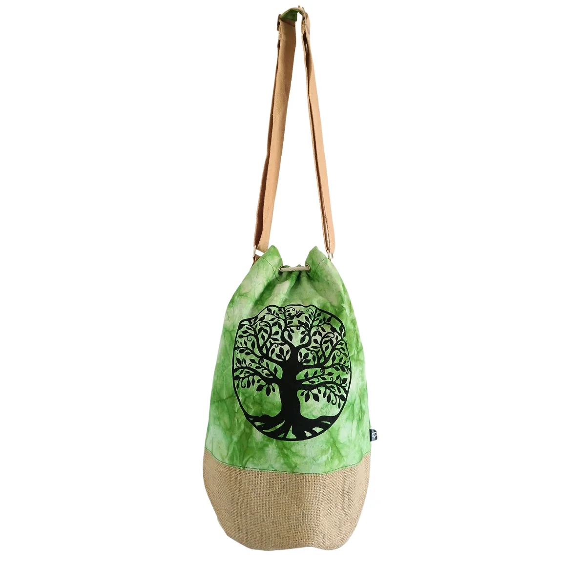 Green stonewash natural backpack with Tree of Life design, featuring adjustable straps and front pocket