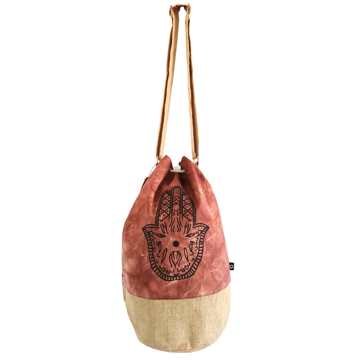 Terracotta stonewash natural backpack with Hamsa design, made from all natural materials, front view on white background