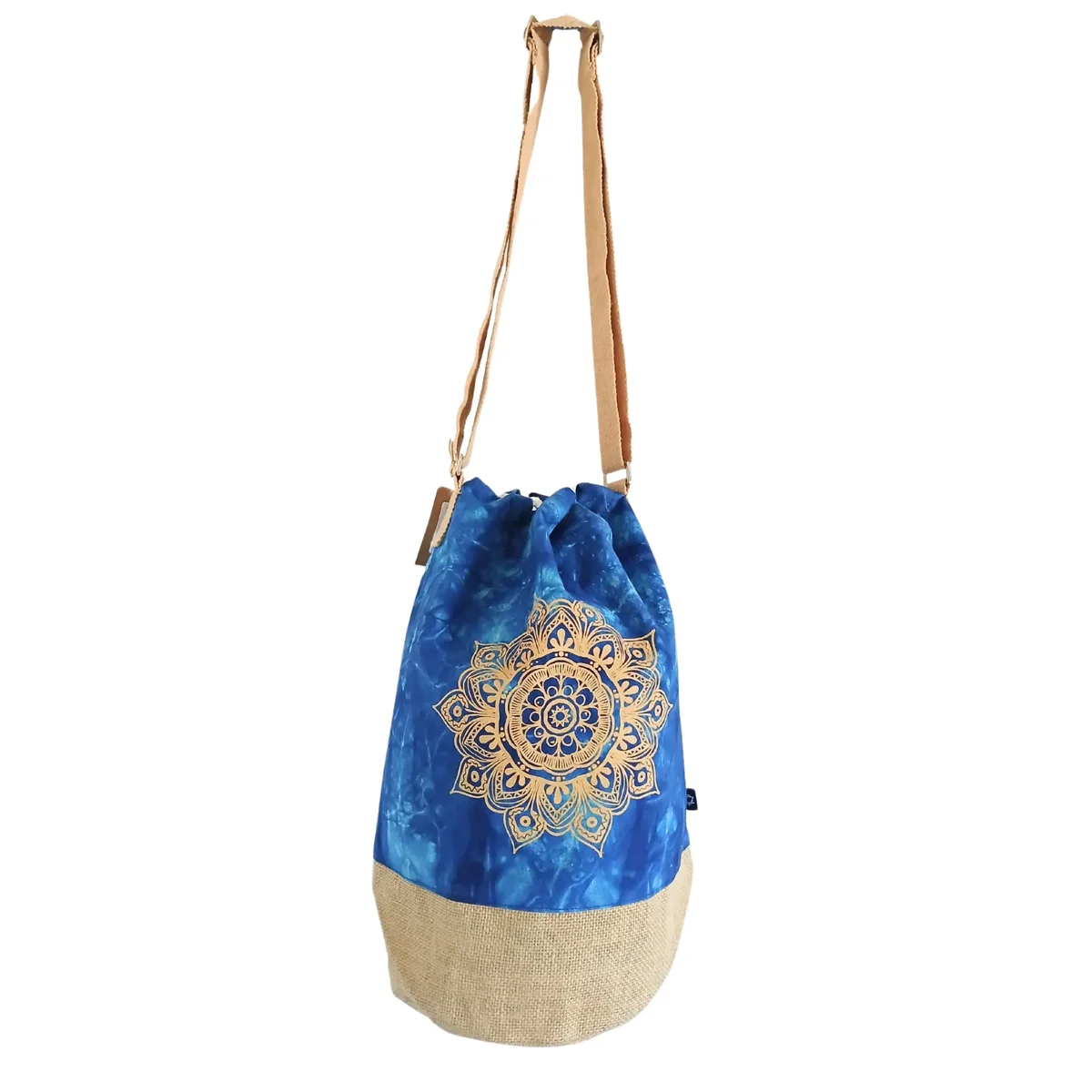 Blue stonewash backpack with all natural material and mandala design on front panel