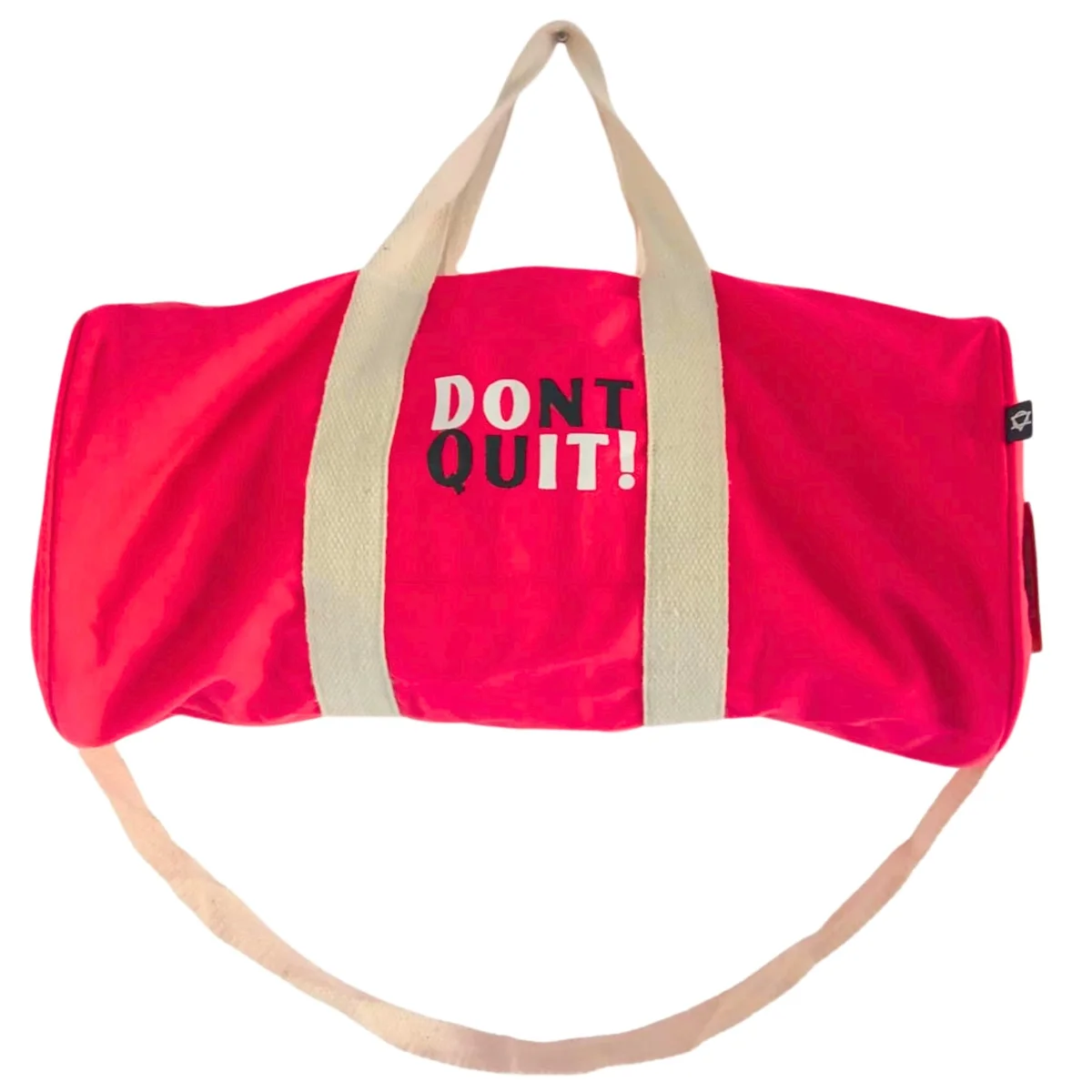 Cherry pink gym bag with "Don't Quit" text, designed for carrying workout essentials, vibrant and stylish accessory