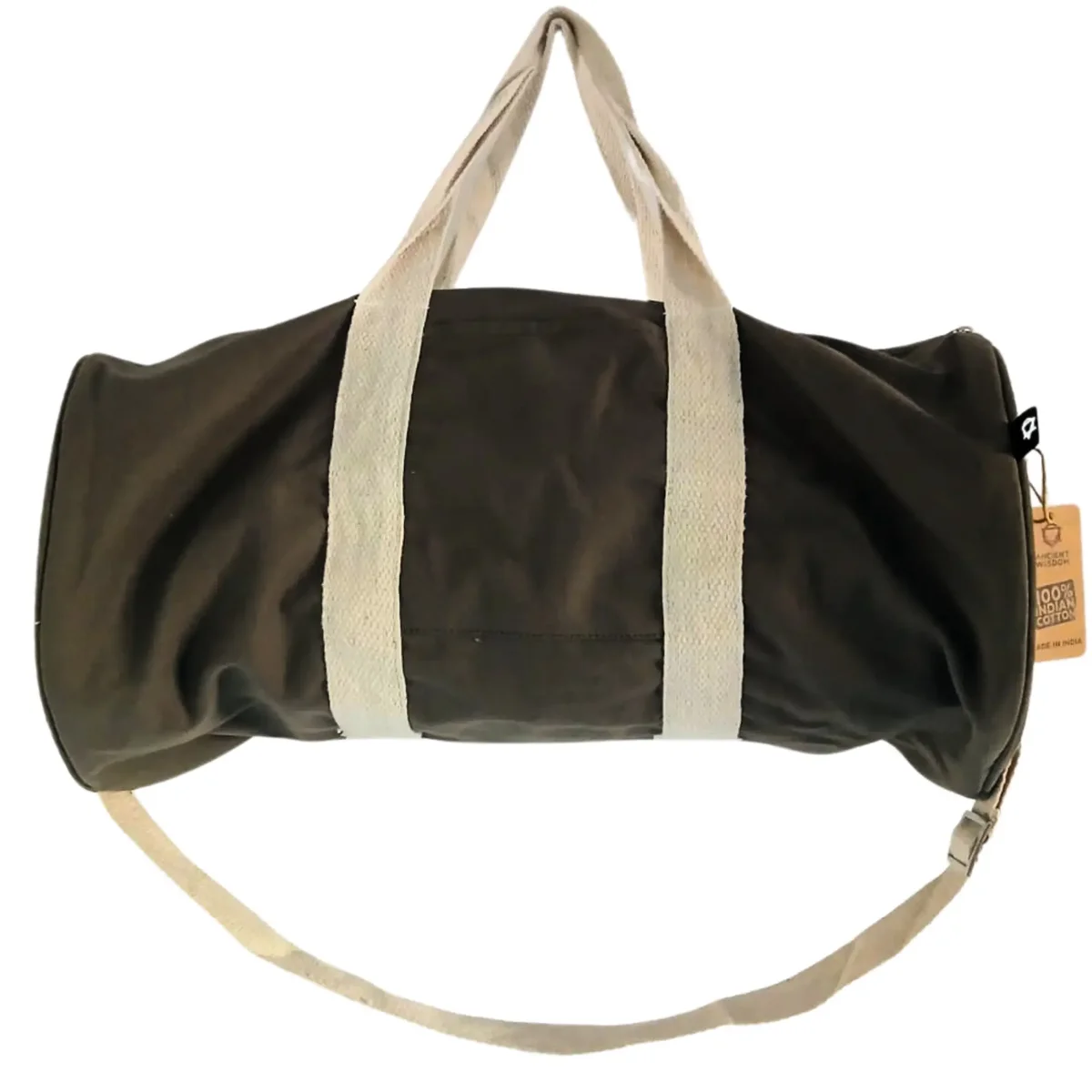 Olive green don't quit gym bag with handles and zip closure on white background