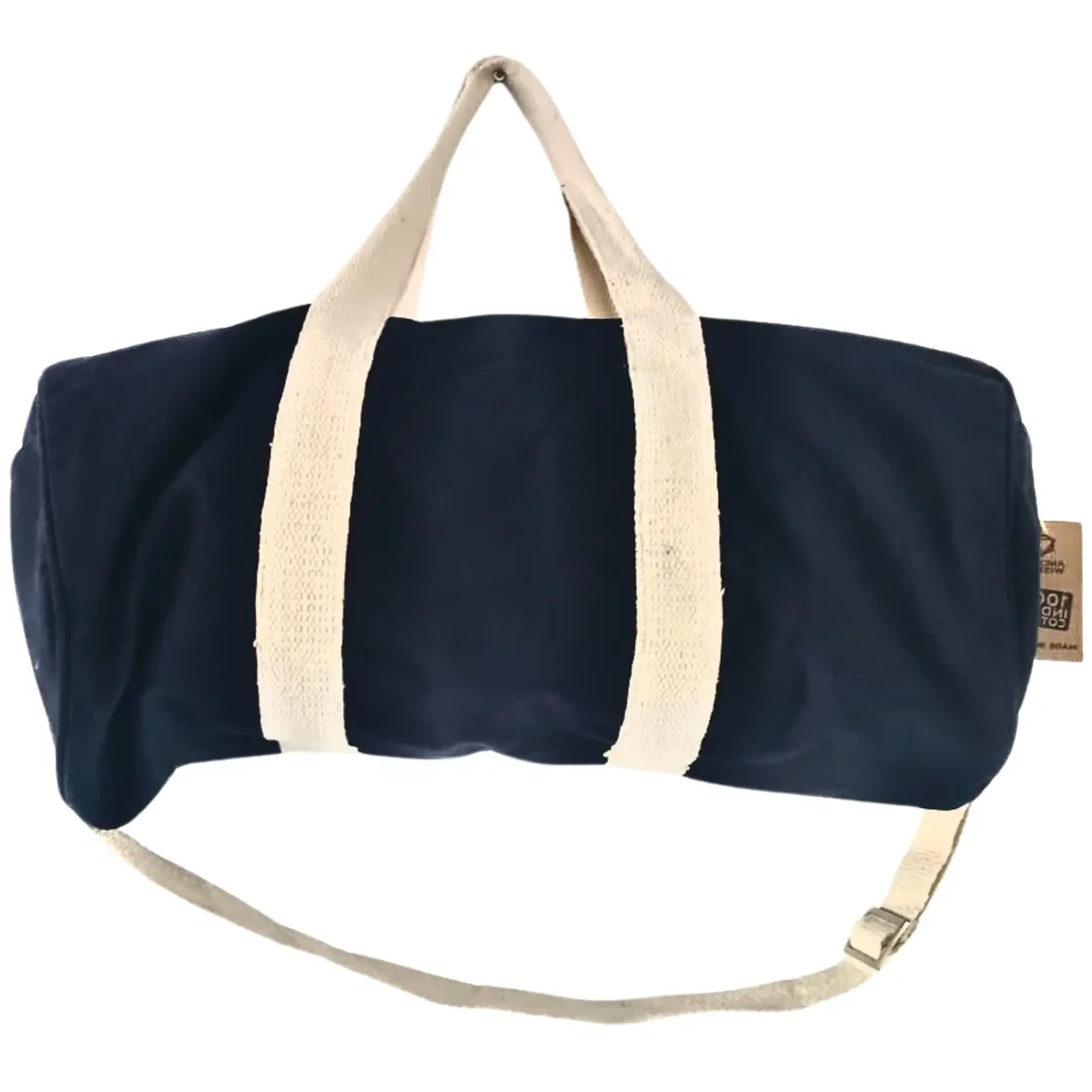 Navy blue don't quit gym bag with main compartment and adjustable shoulder strap on white background