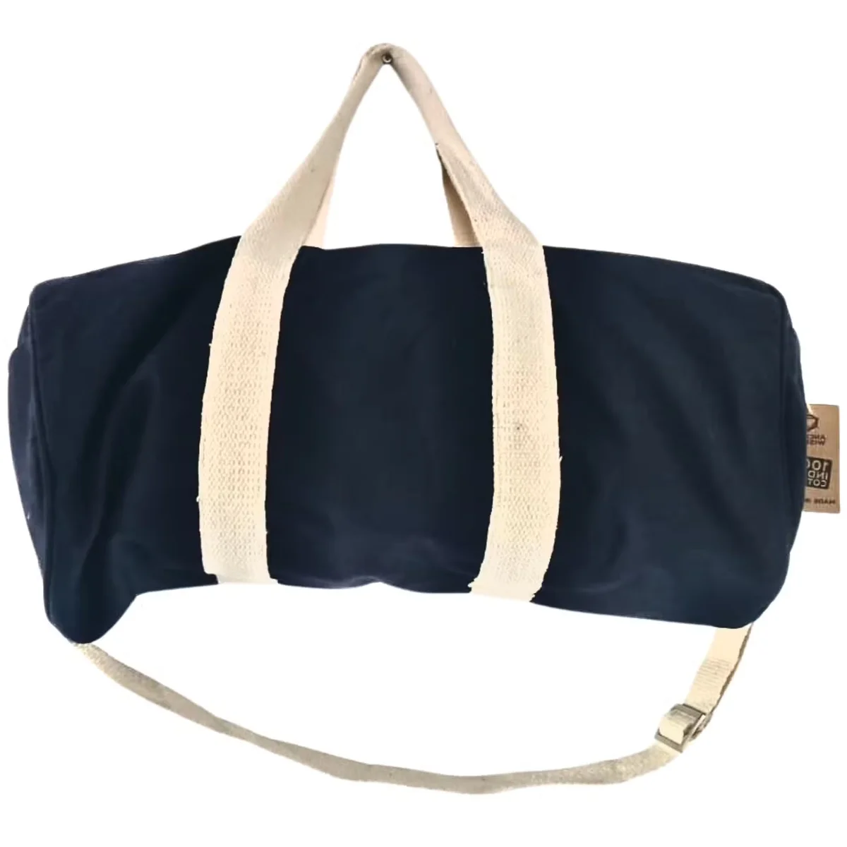 Navy blue sports gym bag with "Don't Quit" text, showing side view and adjustable straps on plain background