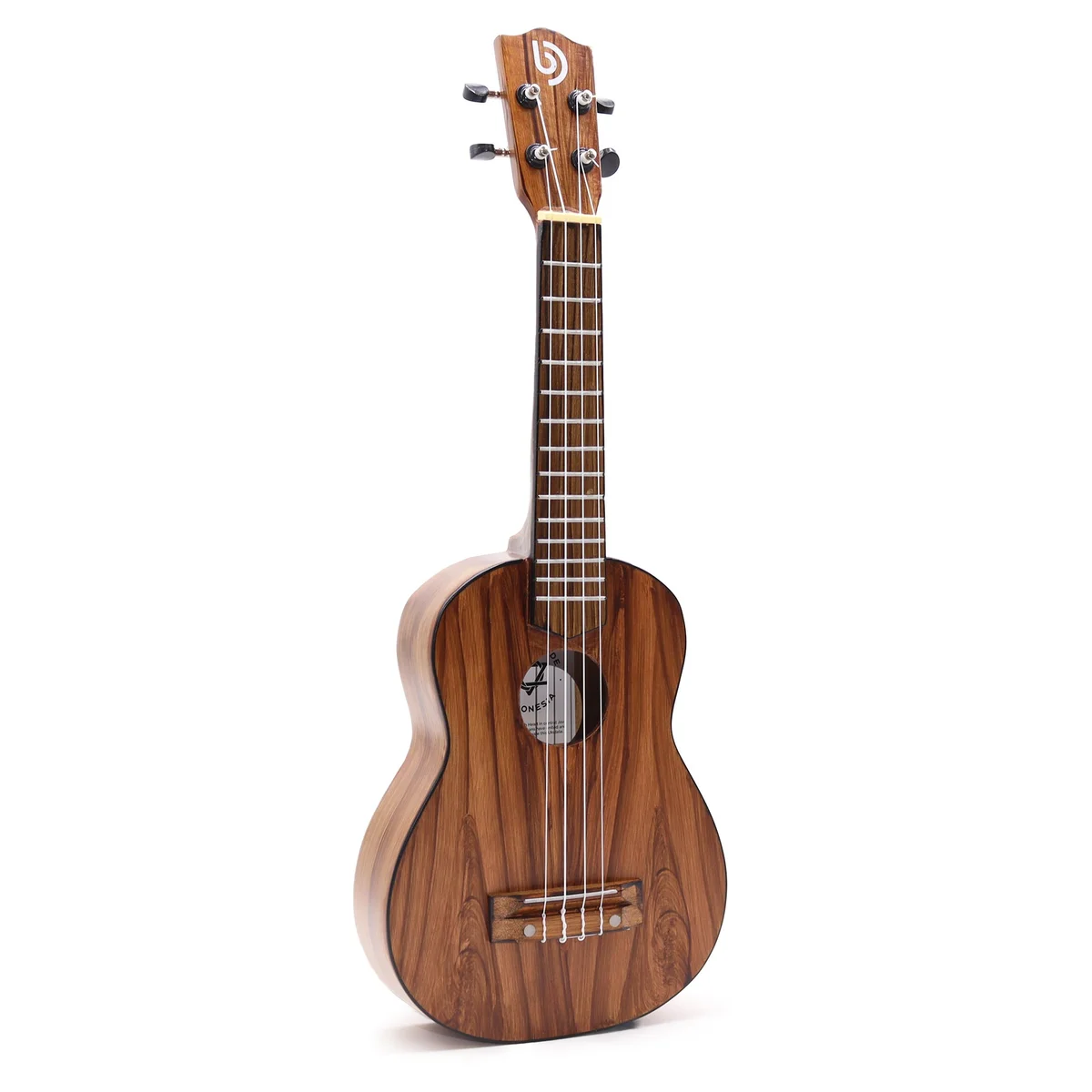 Artisan made 4-string natural finish ukulele showing front body and neck details on white background