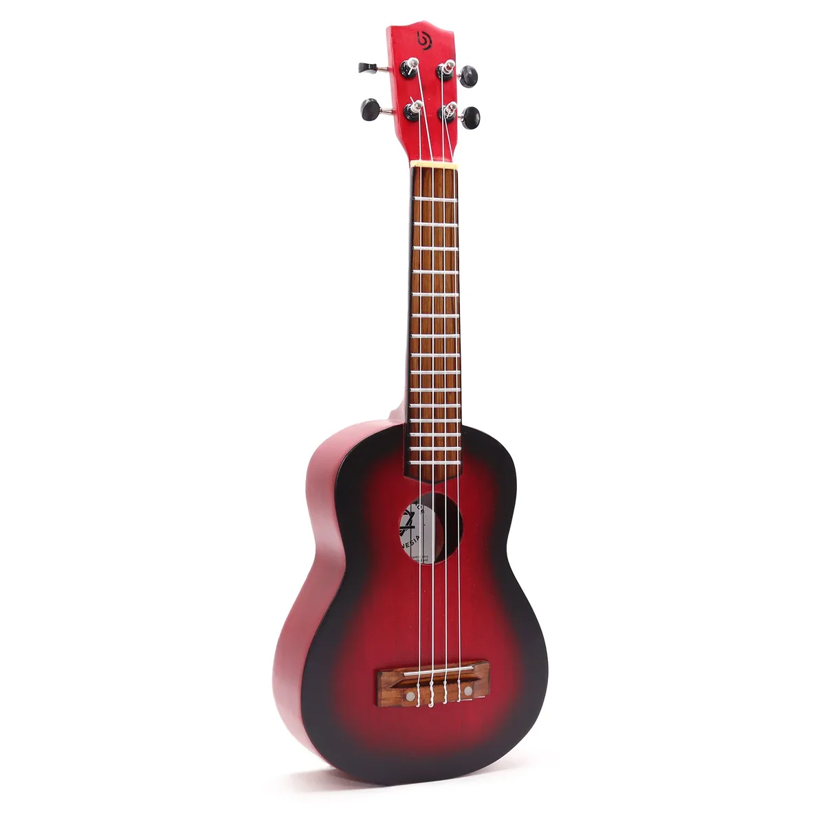 Artisan made 4 string ukulele with natural sunburst finish showing front body and strings on white background