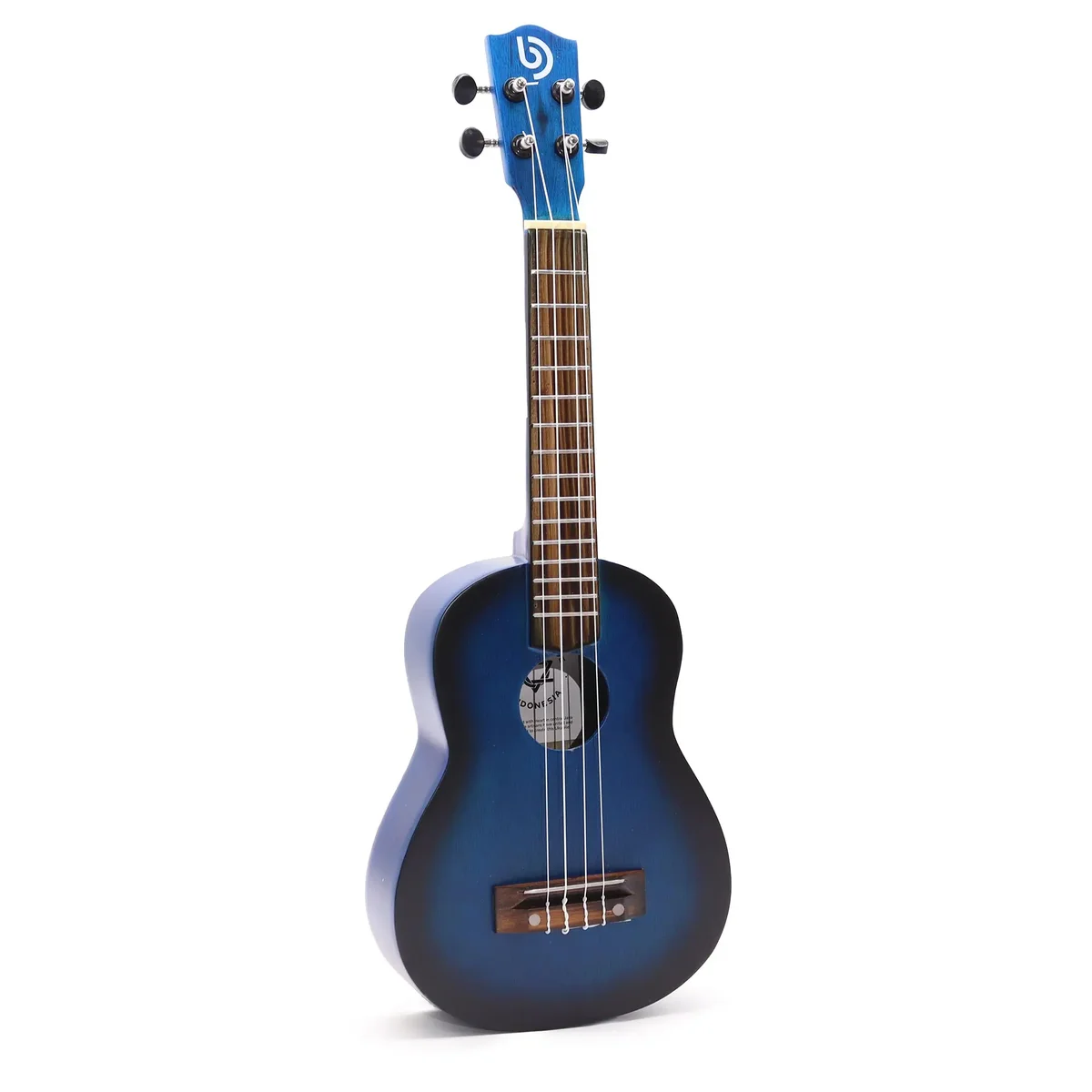 Blue sunburst finish 4 string ukulele with wooden body and tuning pegs on headstock