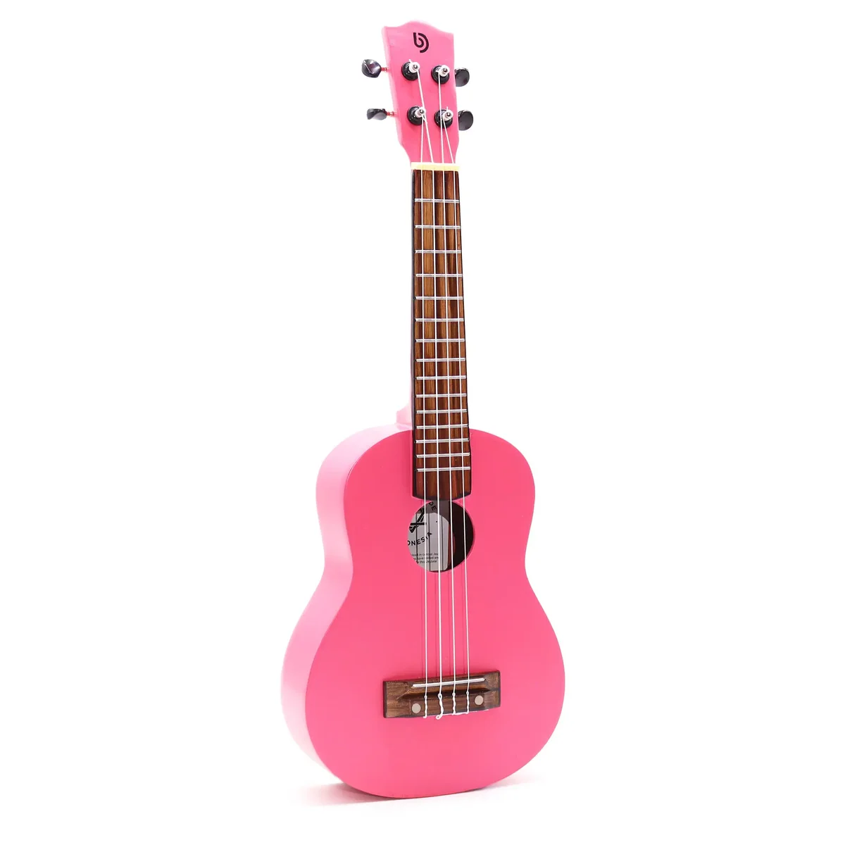Bright pink 4 string ukulele with wooden body and fretboard, Artisan Made brand, front view on white background