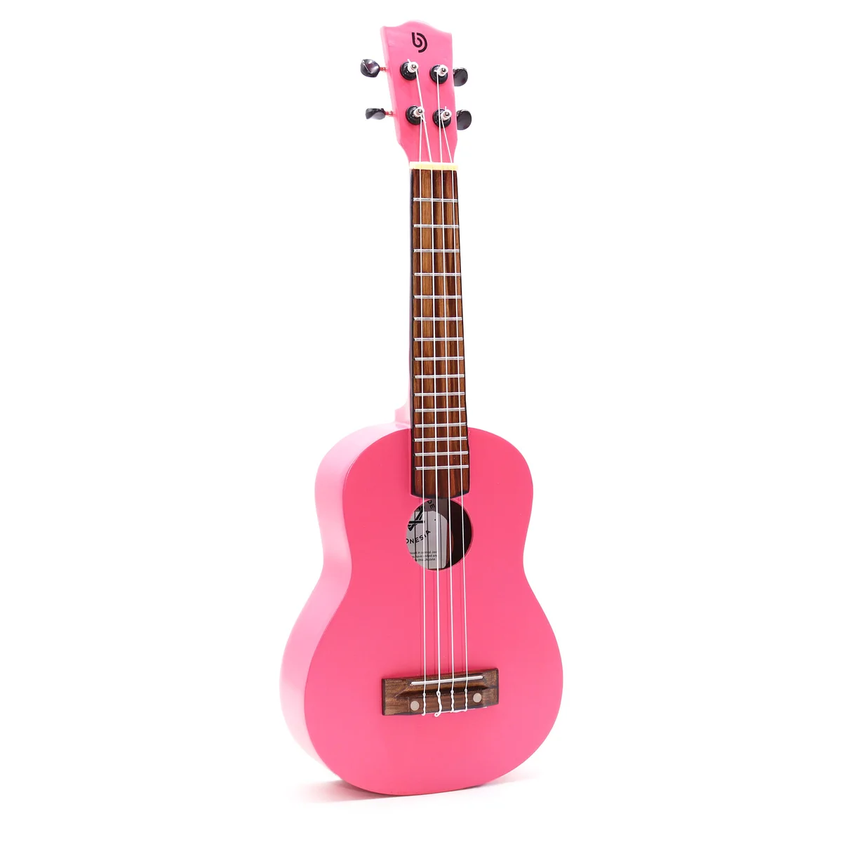 Bright pink ukulele with four strings and artisan craftsmanship shown from the front angle on a white background