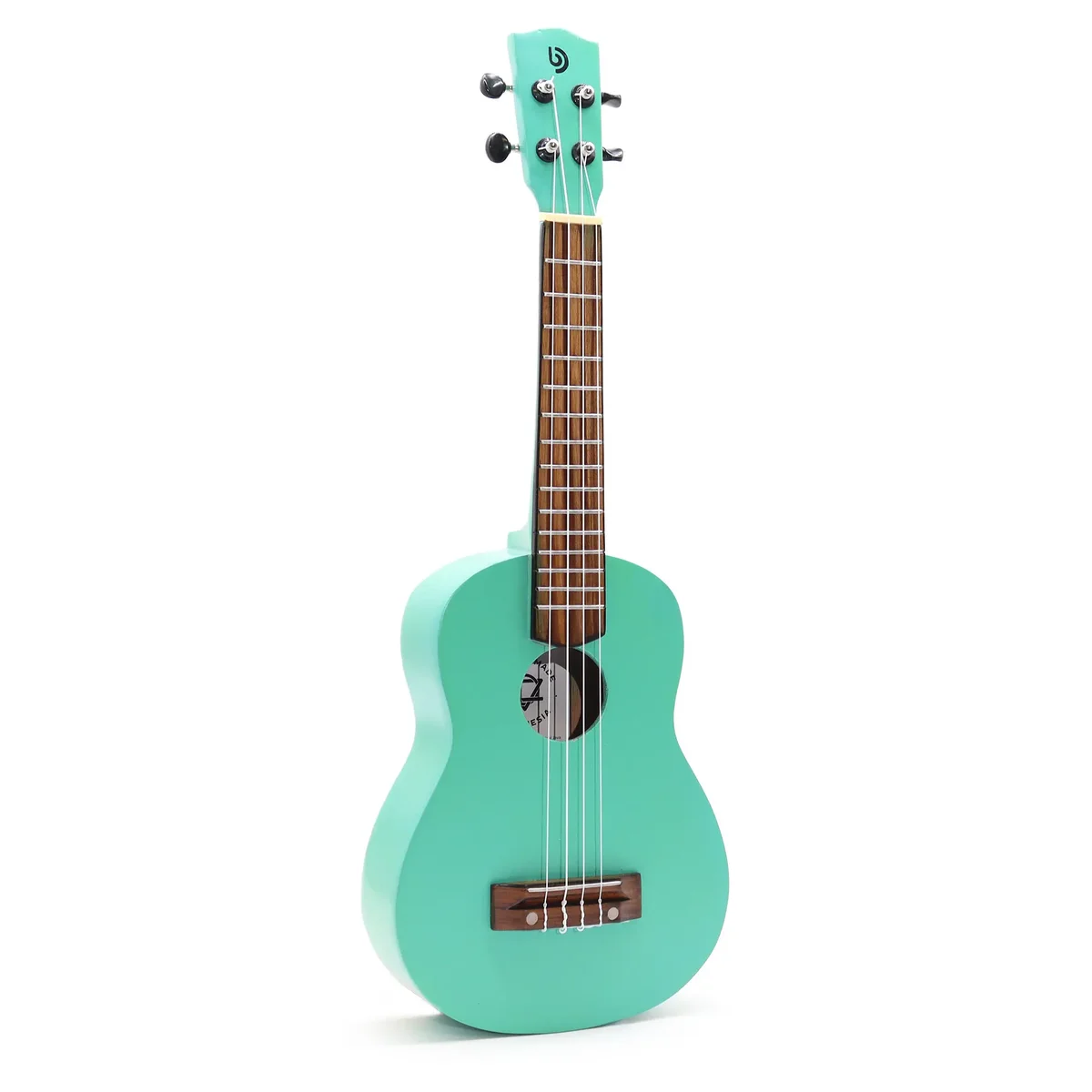 Artisan made 4 string ukulele with turquoise finish showing front body and neck on white background