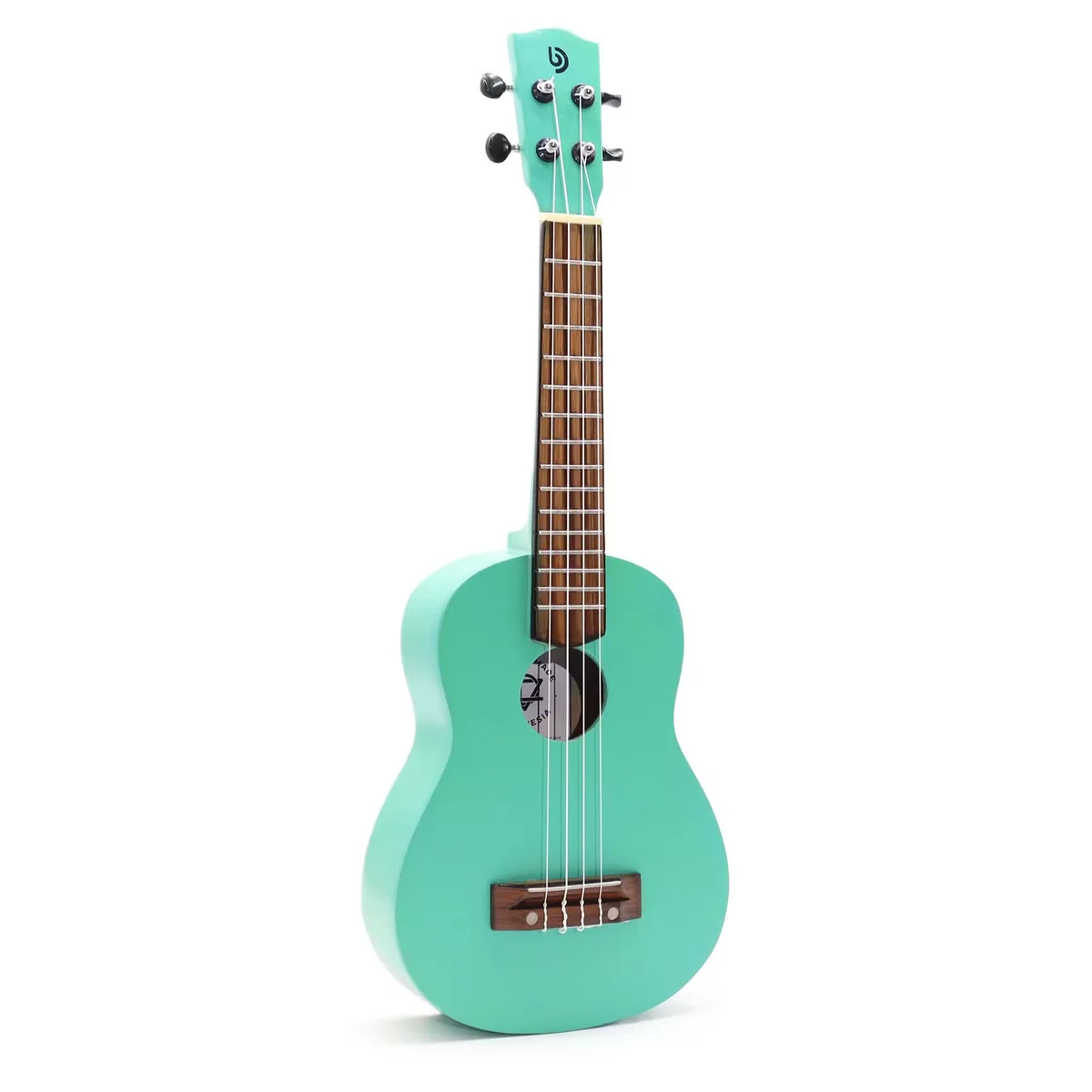 Artisan made ukulele with turquoise finish showing four strings and wooden body on white background