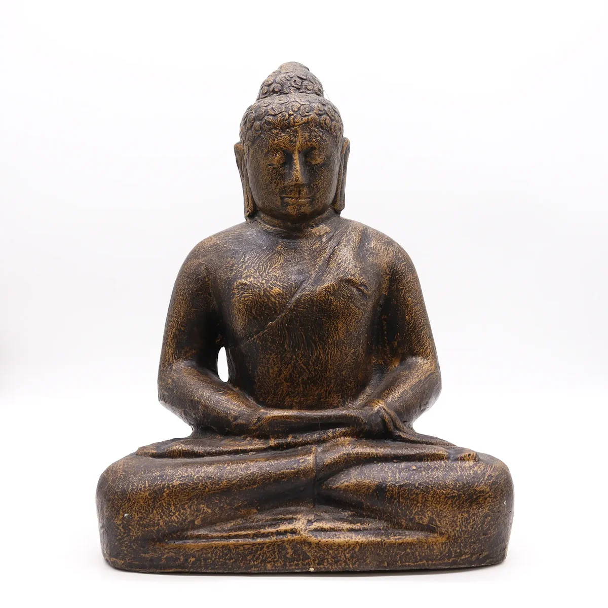 Medium antique gold Buddha statue, classic design, 0.5m tall, detailed facial features and seated posture