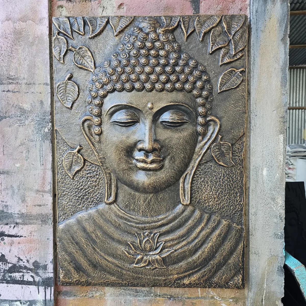 Large Buddha iron frame relief with antique gold finish, 0.7m by 1m.