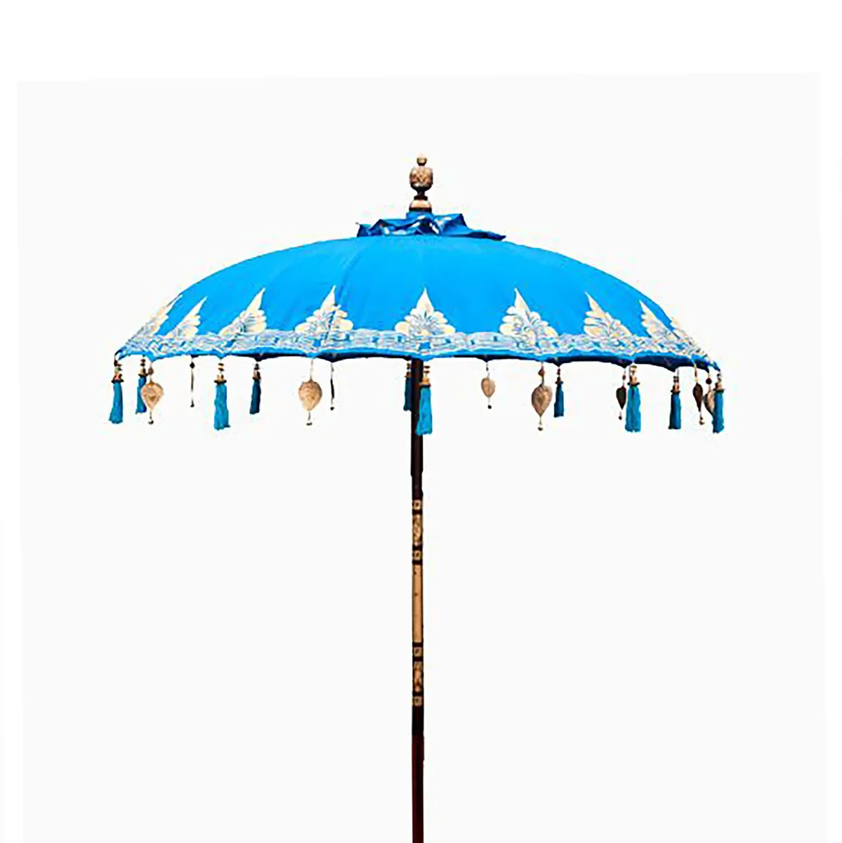 Turquoise patio parasol made of cotton with a 2m diameter, featuring Bali-inspired decor on a patio setting