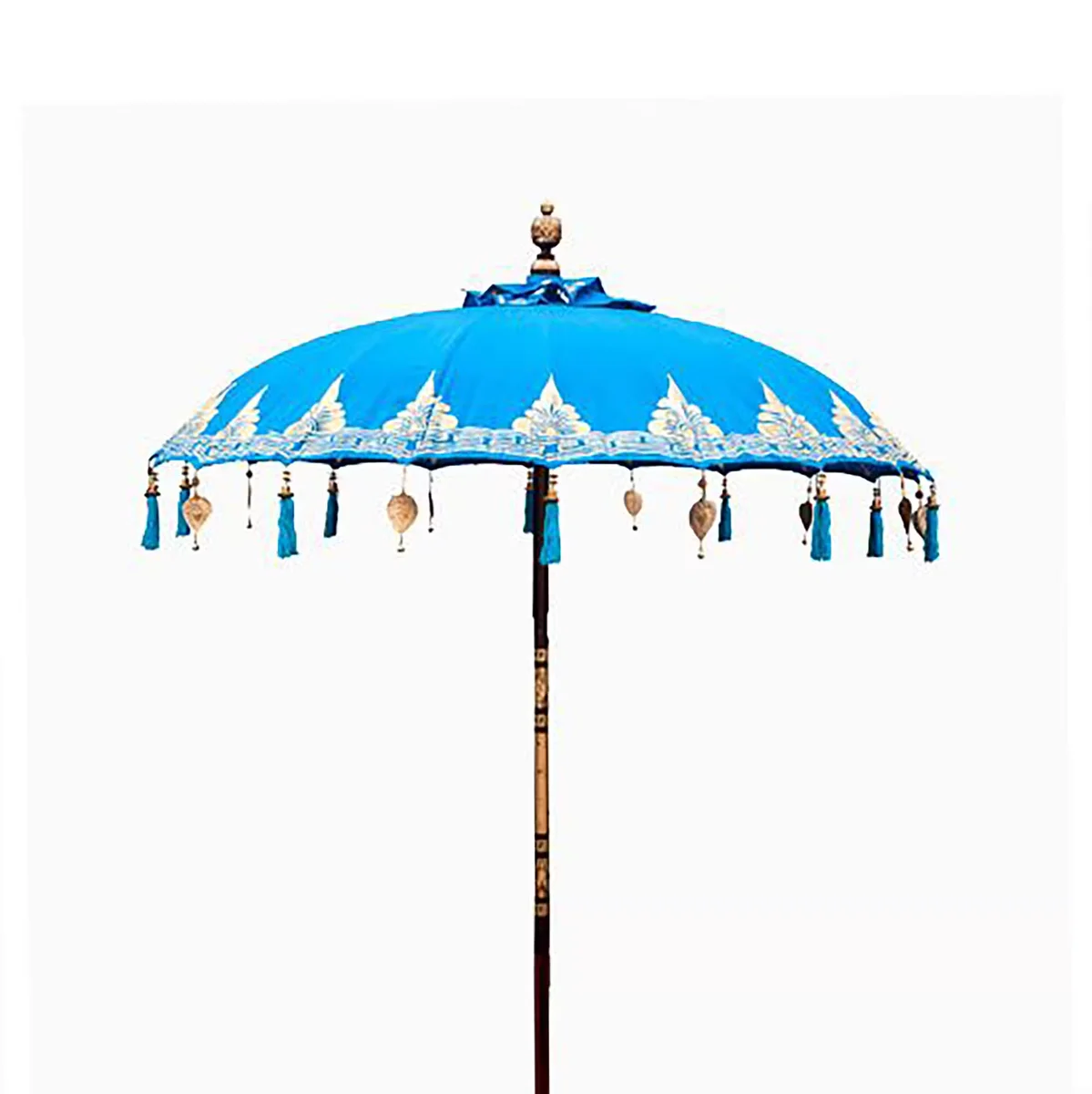Turquoise outdoor cotton parasol with 2m diameter, Bali patio style, open and casting shade on patio area