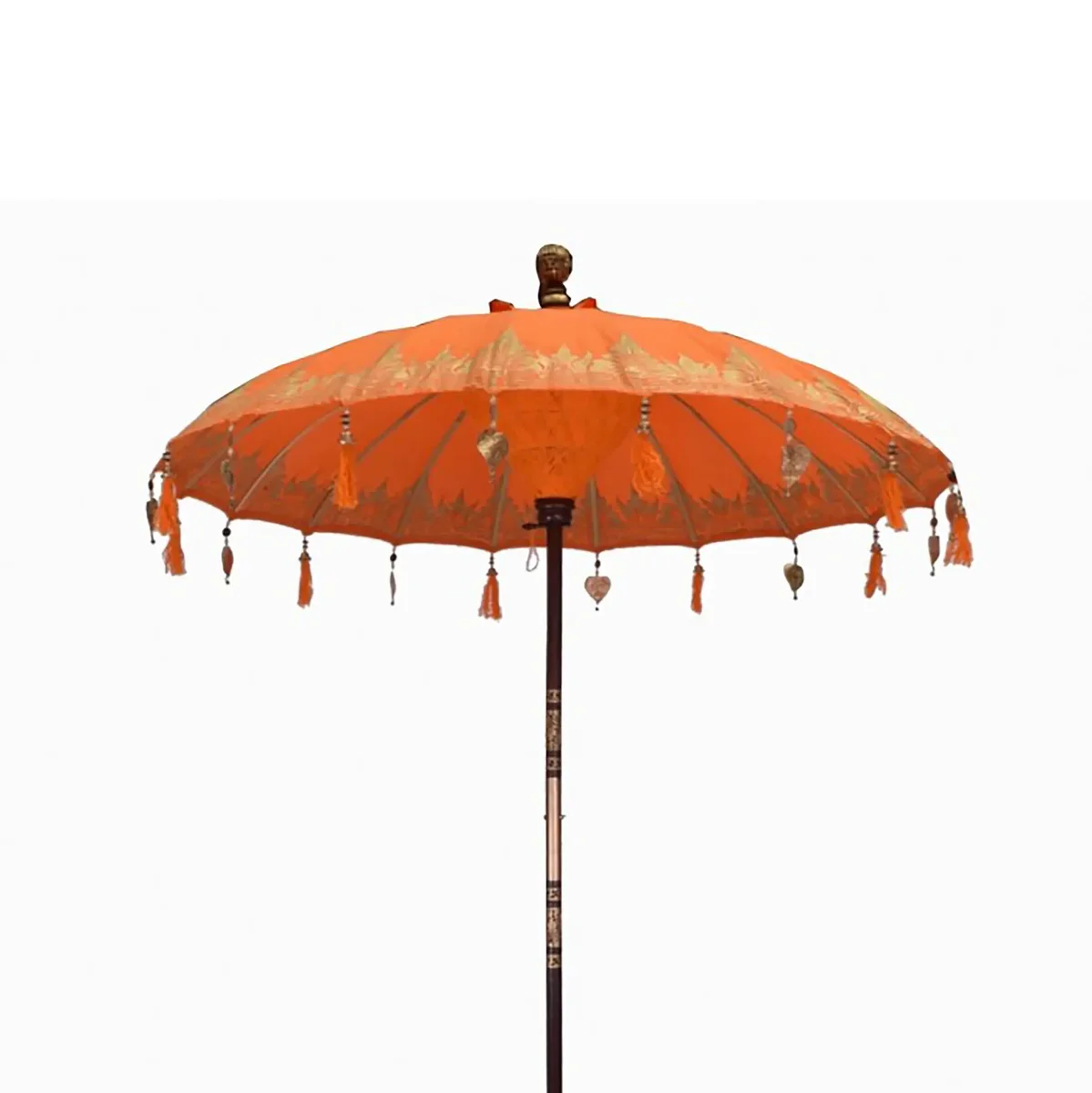 Orange patio parasol made of cotton with decorative patterns, measuring 2 meters in diameter, outdoor use.