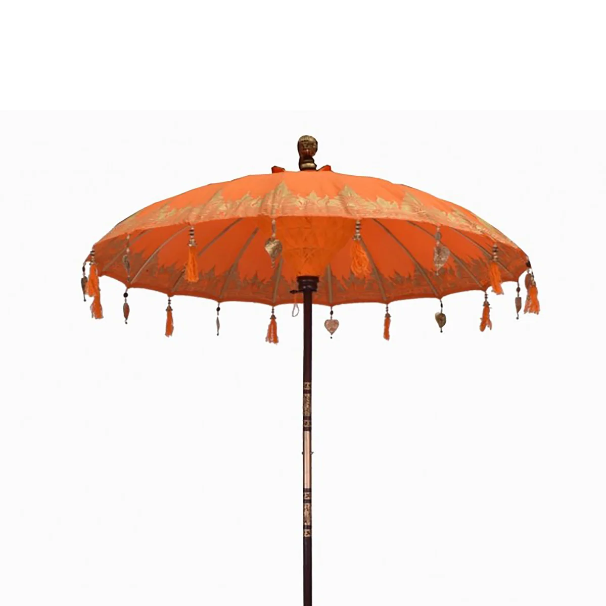 Orange cotton Bali patio parasol open outdoors showing full 2m garden parasol canopy and central pole detail