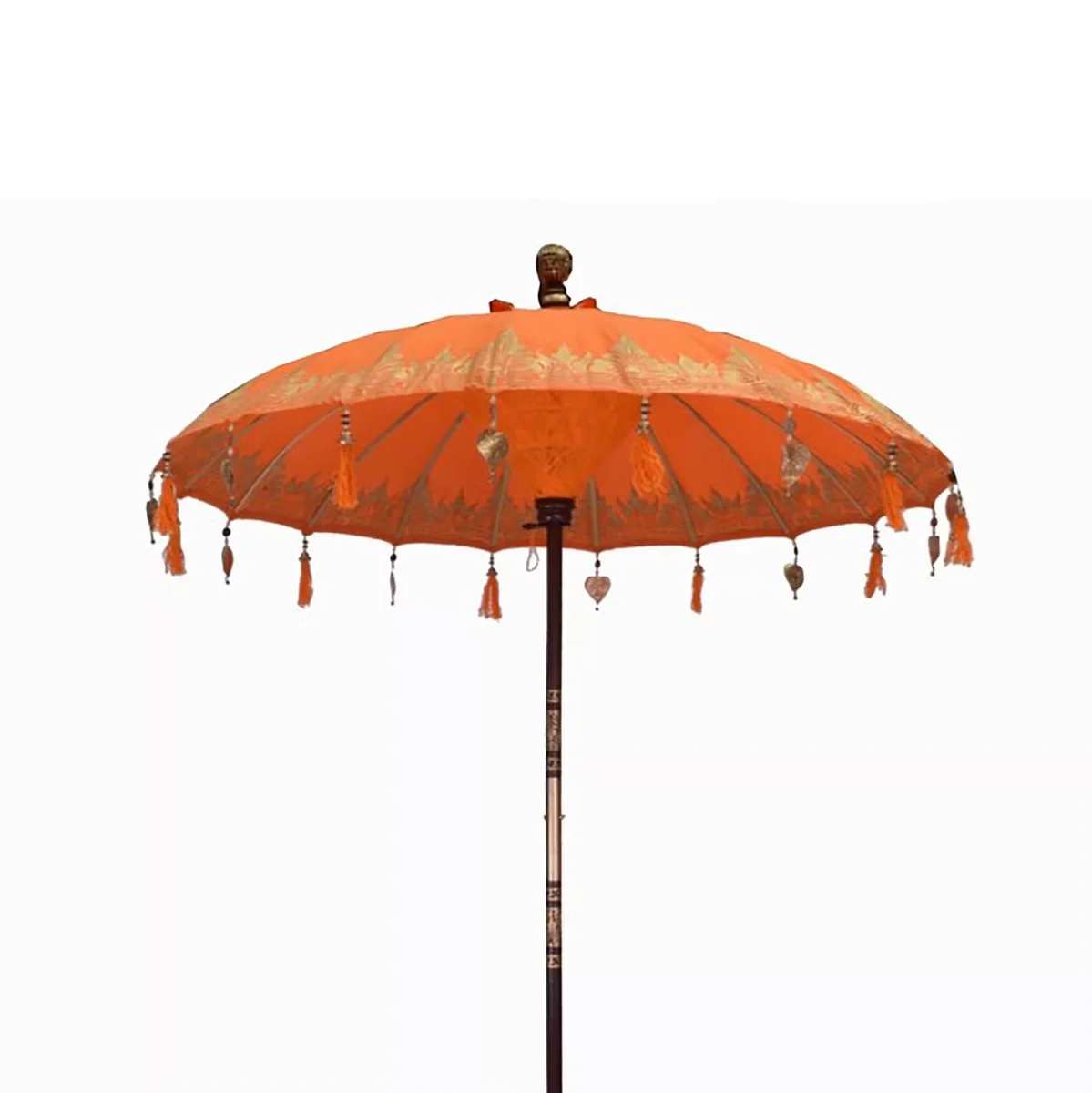 Orange cotton garden parasol with Bali-inspired decor, 2m diameter, fully opened outdoors on patio