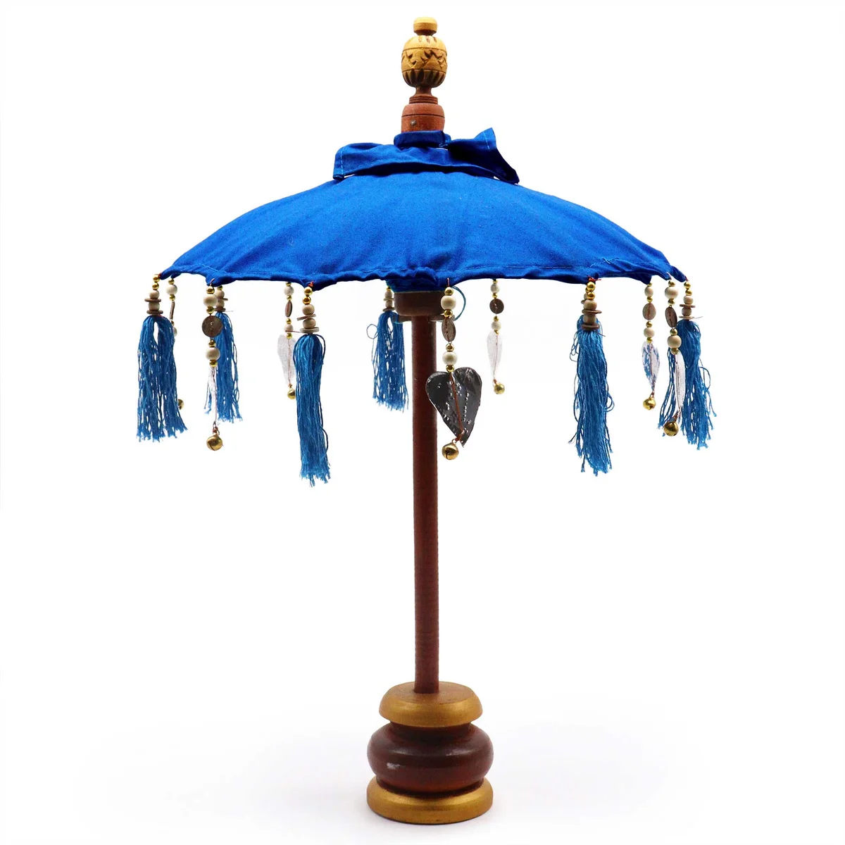 Blue cotton Bali home decor parasol with wooden handle, 40cm diameter, shown open against white background