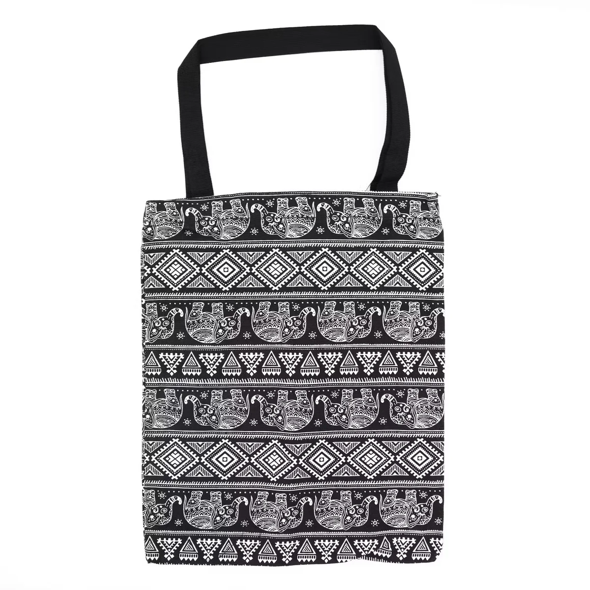 40x34cm tote bag with elephant motif, classic style and zipper closure.