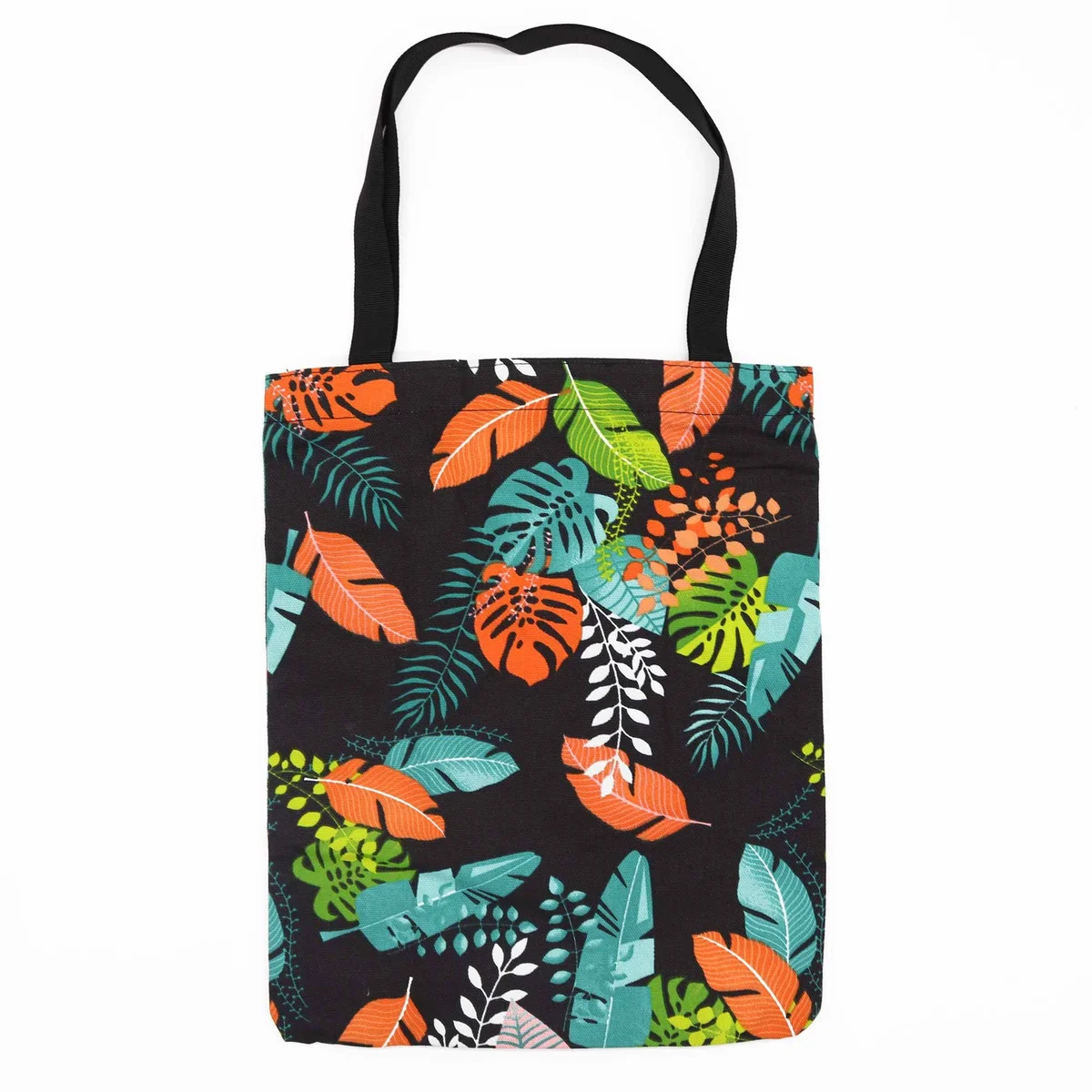 Classic tote bag in dark tropical motif with zipper, rectangular shape, 40x34cm